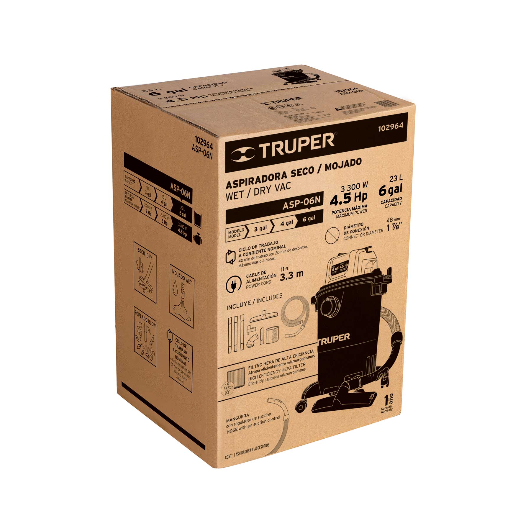 Aspiradora de sólidos y líquidos, 6 gal, plástica, negra TRUPER