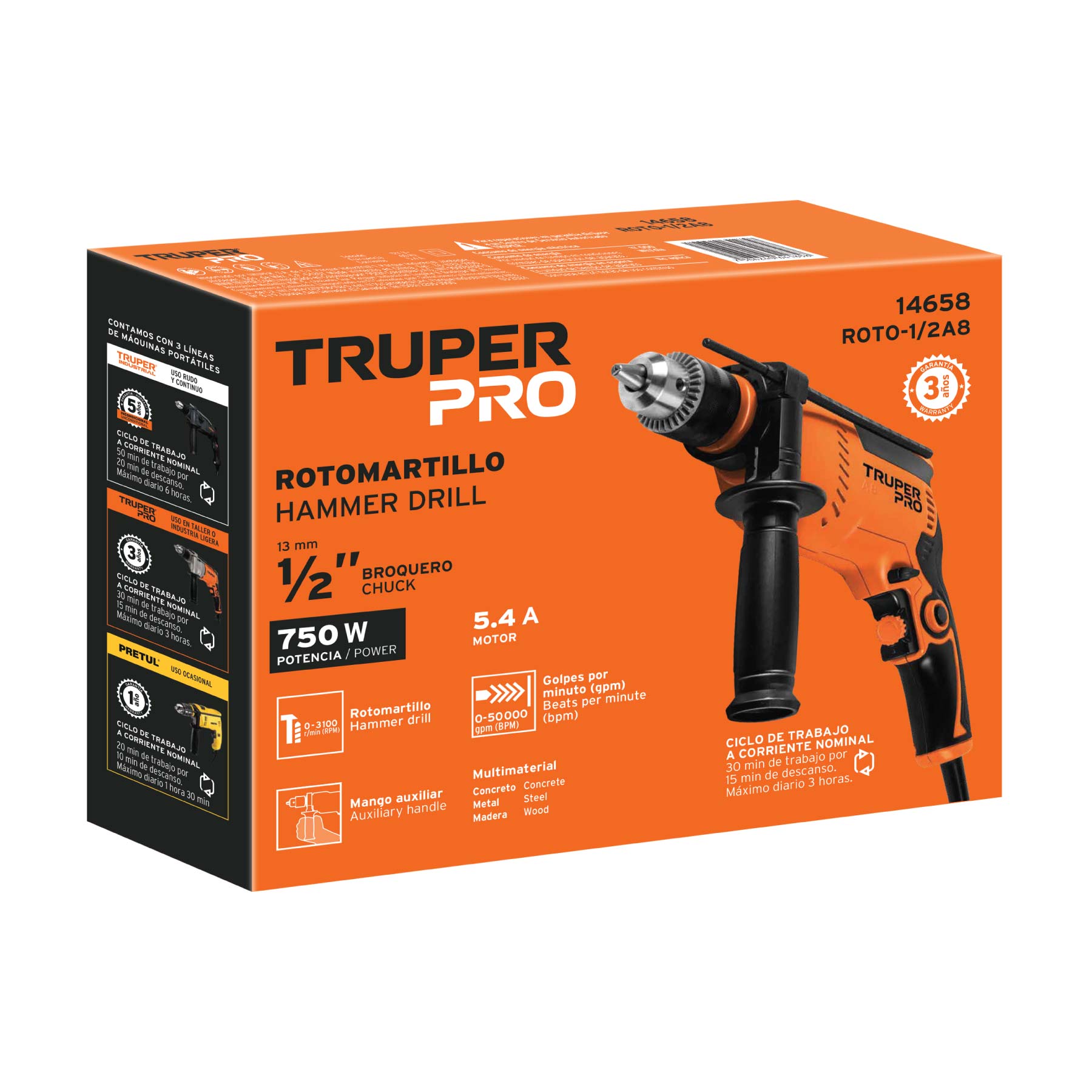 Rotomartillo/destornillador 1/2", 750W, TRUPER PRO TRUPER