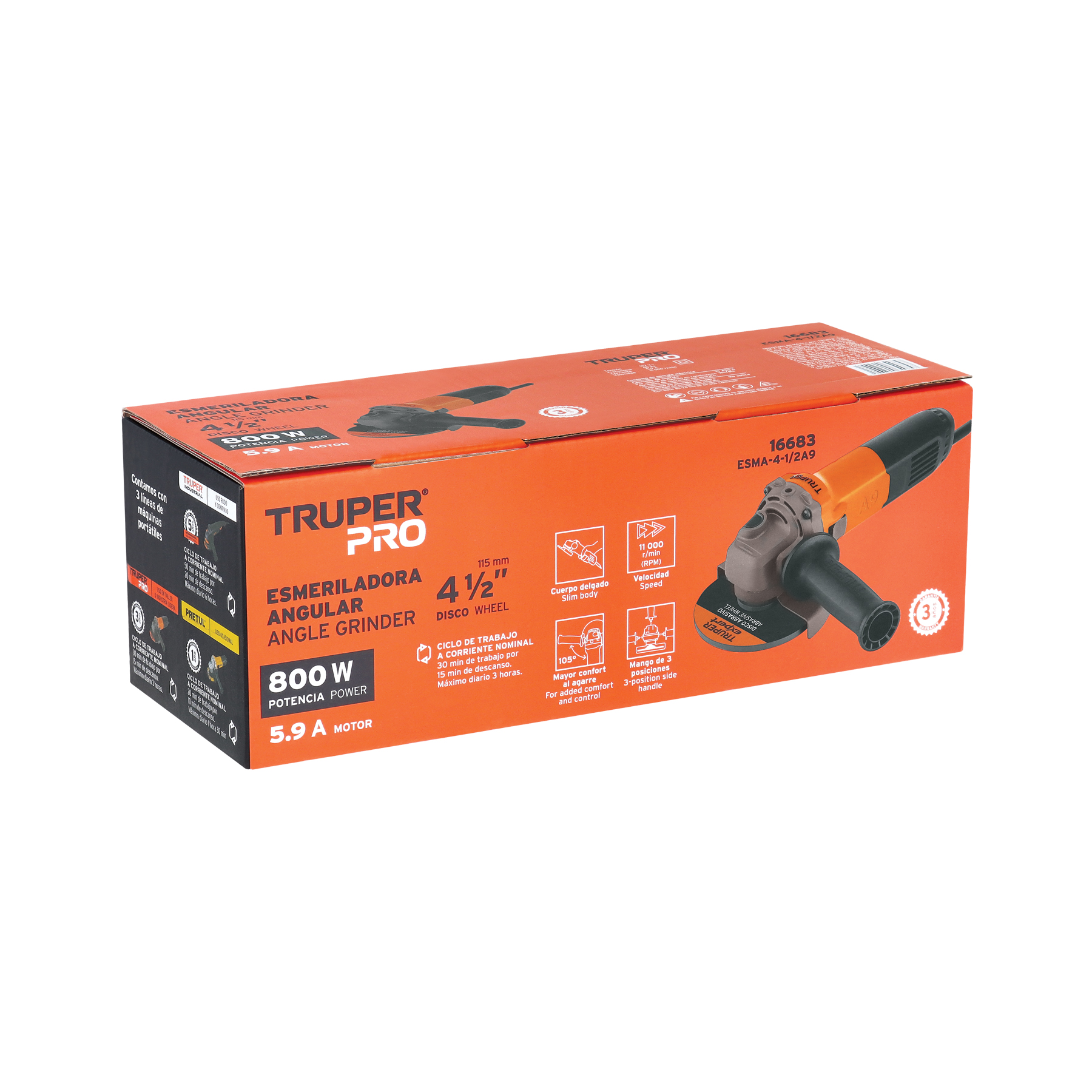 Esmeriladora angular 4-1/2", 800W, TRUPER PRO TRUPER