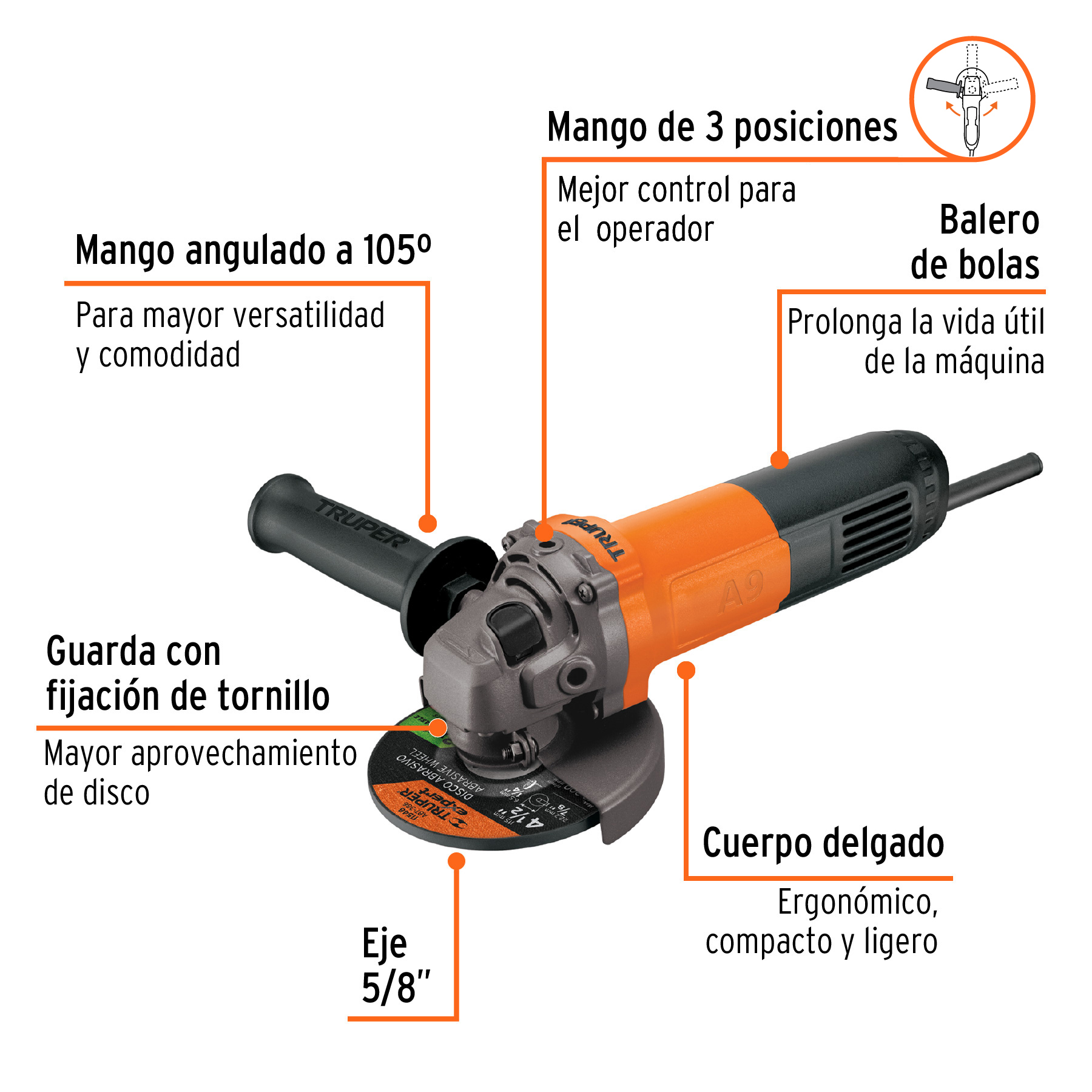 Esmeriladora angular 4-1/2", 800W, TRUPER PRO TRUPER