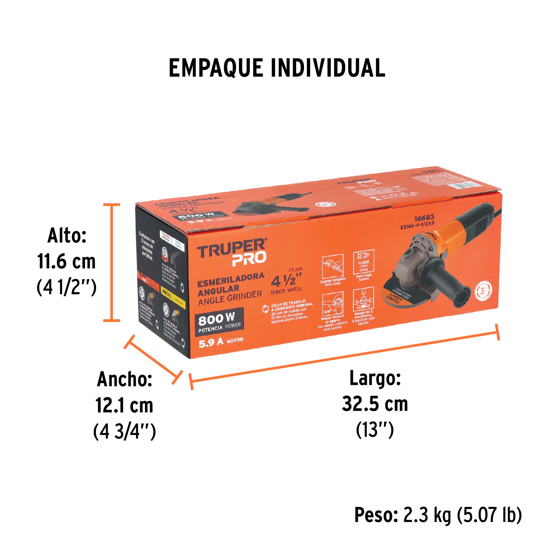 Esmeriladora angular 4-1/2", 800W, TRUPER PRO TRUPER