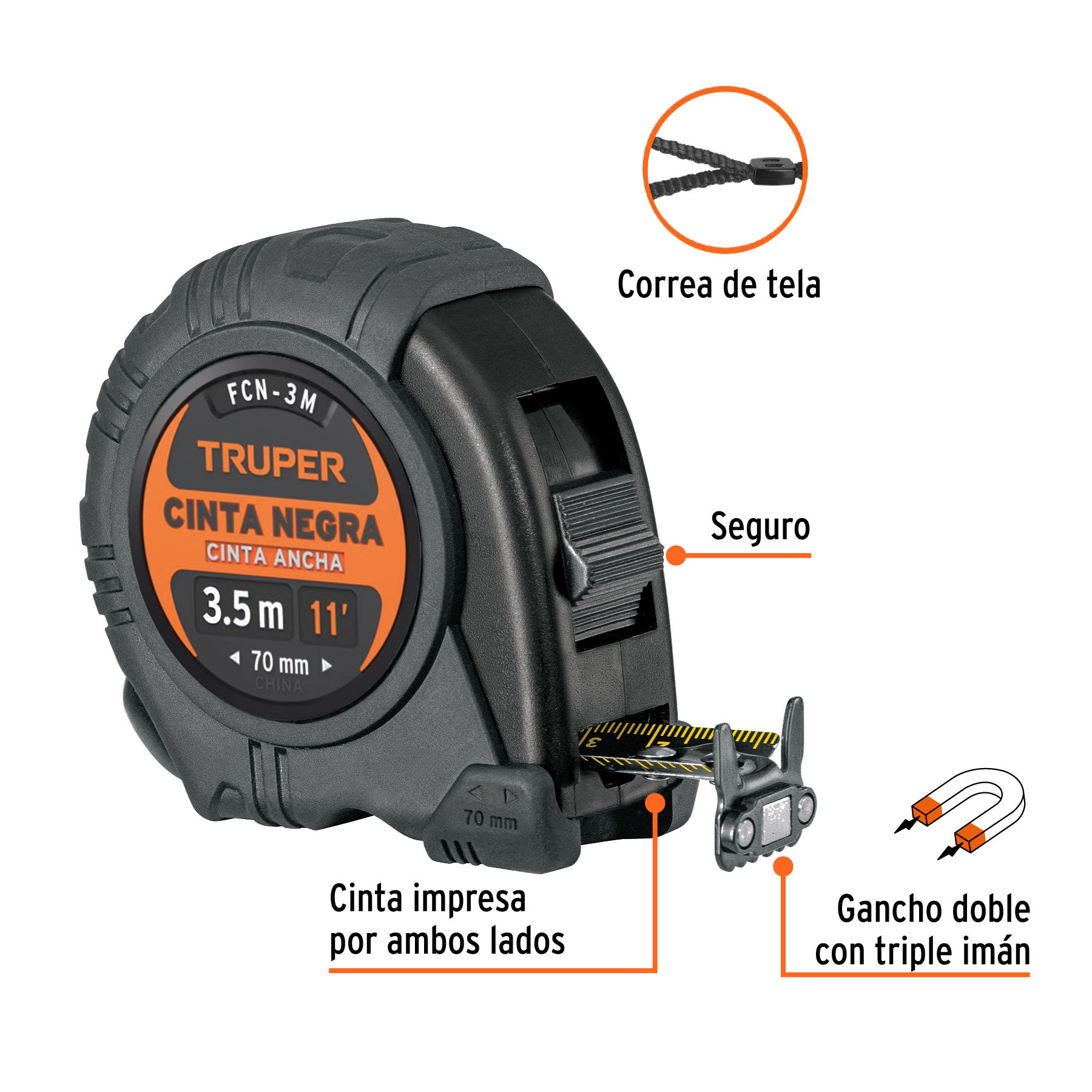 Flexómetro contra impactos 3 m, Cinta Negra 13 mm, TRUPER TRUPER