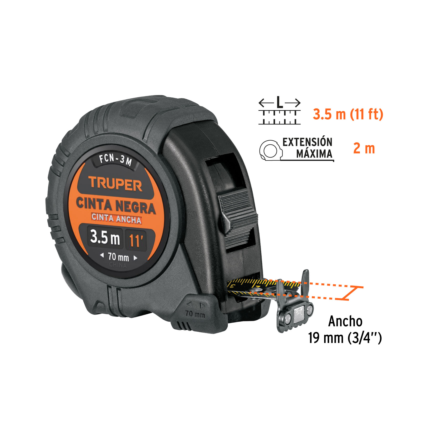 Flexómetro contra impactos 3 m, Cinta Negra 13 mm, TRUPER TRUPER