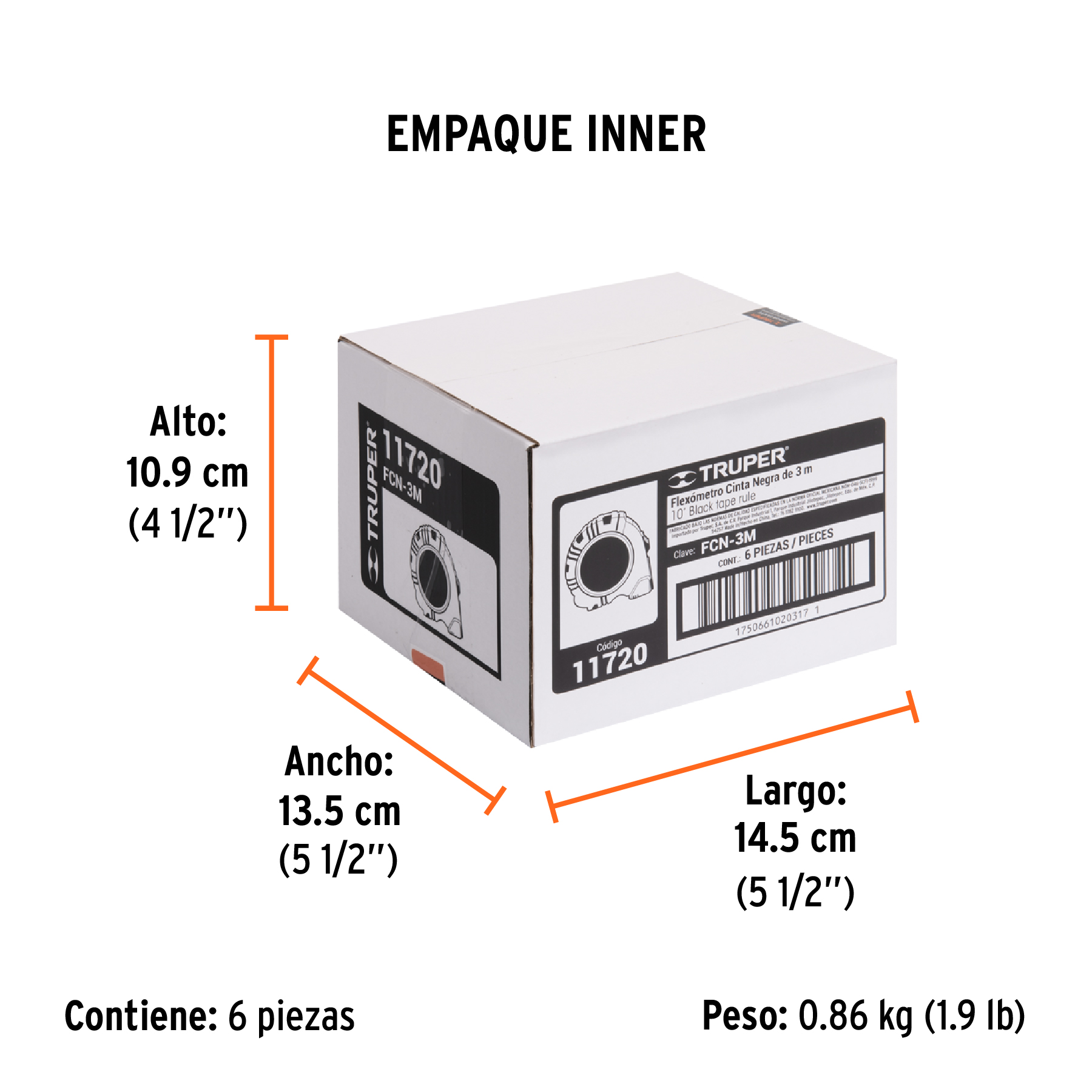 Flexómetro contra impactos 3 m, Cinta Negra 13 mm, TRUPER TRUPER