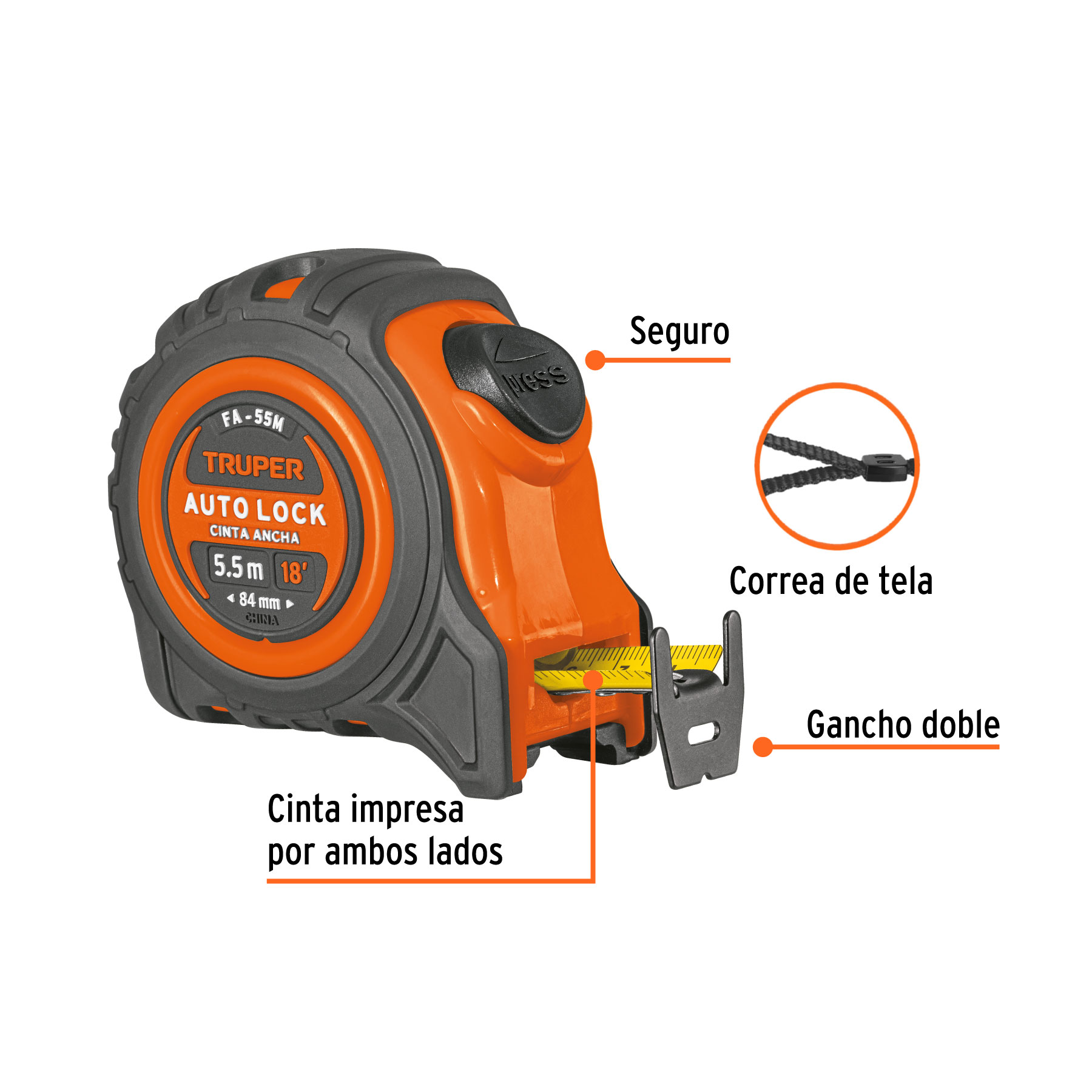 Flexómetro Auto-Lock contra impactos 5.5 m cinta 25 mm TRUPER