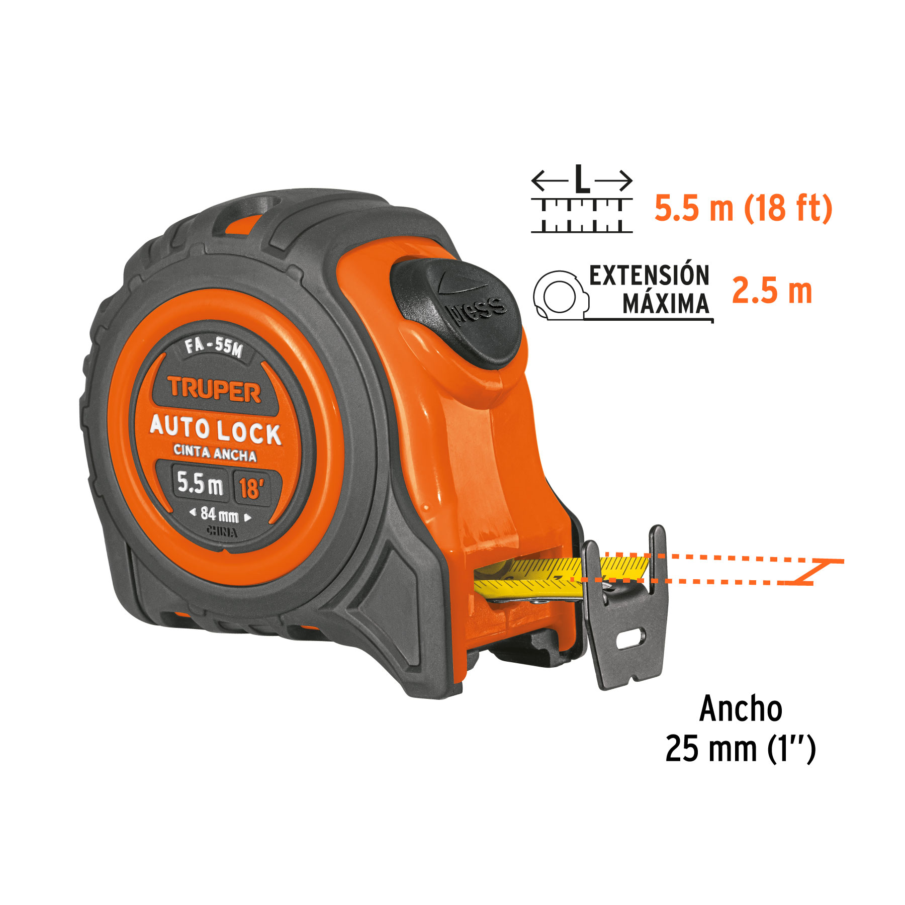 Flexómetro Auto-Lock contra impactos 5.5 m cinta 25 mm TRUPER