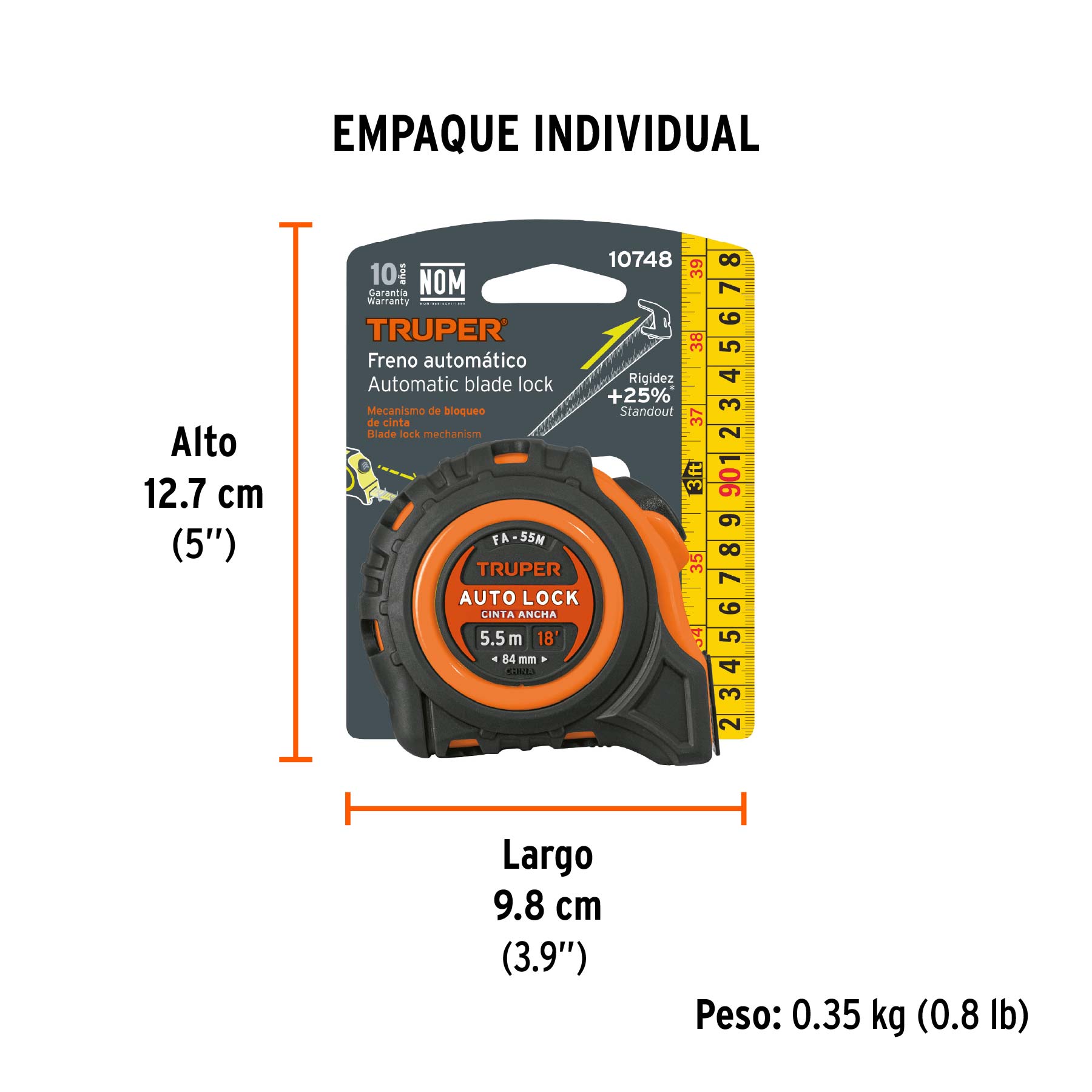 Flexómetro Auto-Lock contra impactos 5.5 m cinta 25 mm TRUPER