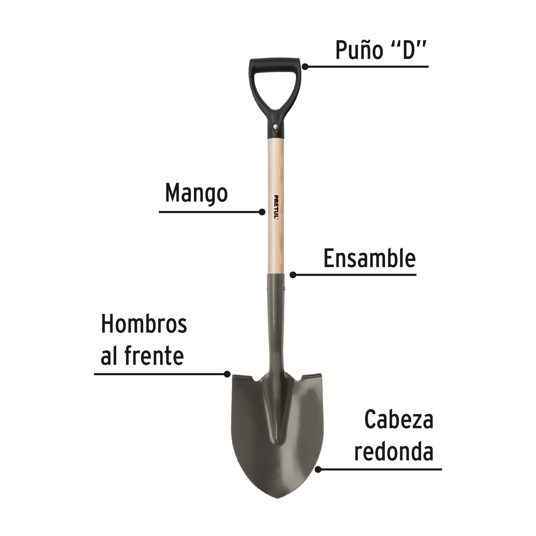 Pala redonda, puño "D", mango 28-1/2", PRETUL PRETUL