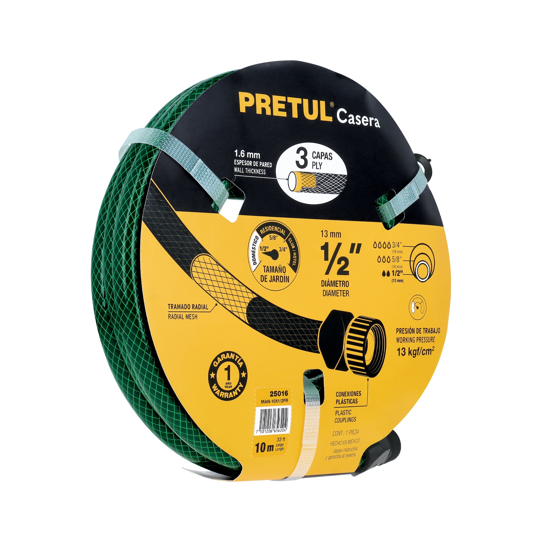 Manguera 1/2" reforzada 3 capas 10m conexiones plást, PRETUL PRETUL
