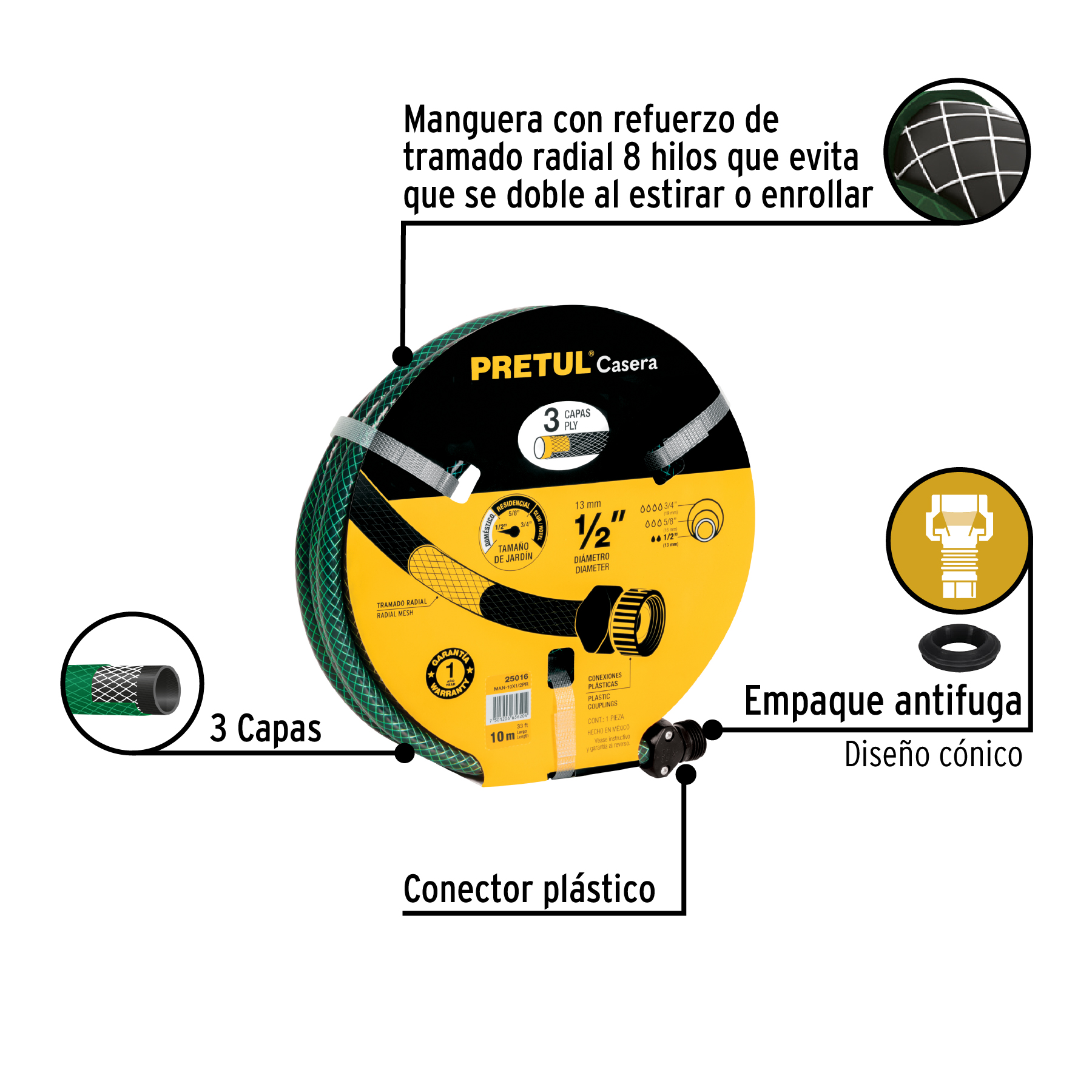 Manguera 1/2" reforzada 3 capas 10m conexiones plást, PRETUL PRETUL