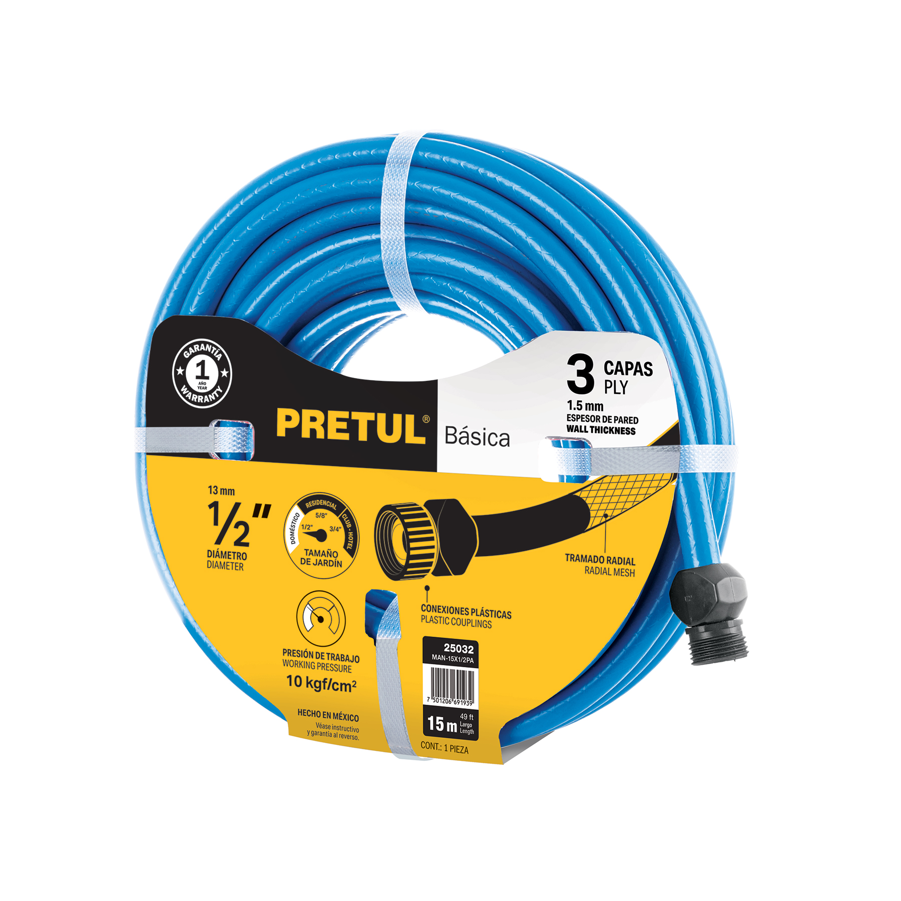 Manguera azul 1/2" 3 capas 15 m conexiones plásticas, PRETUL PRETUL