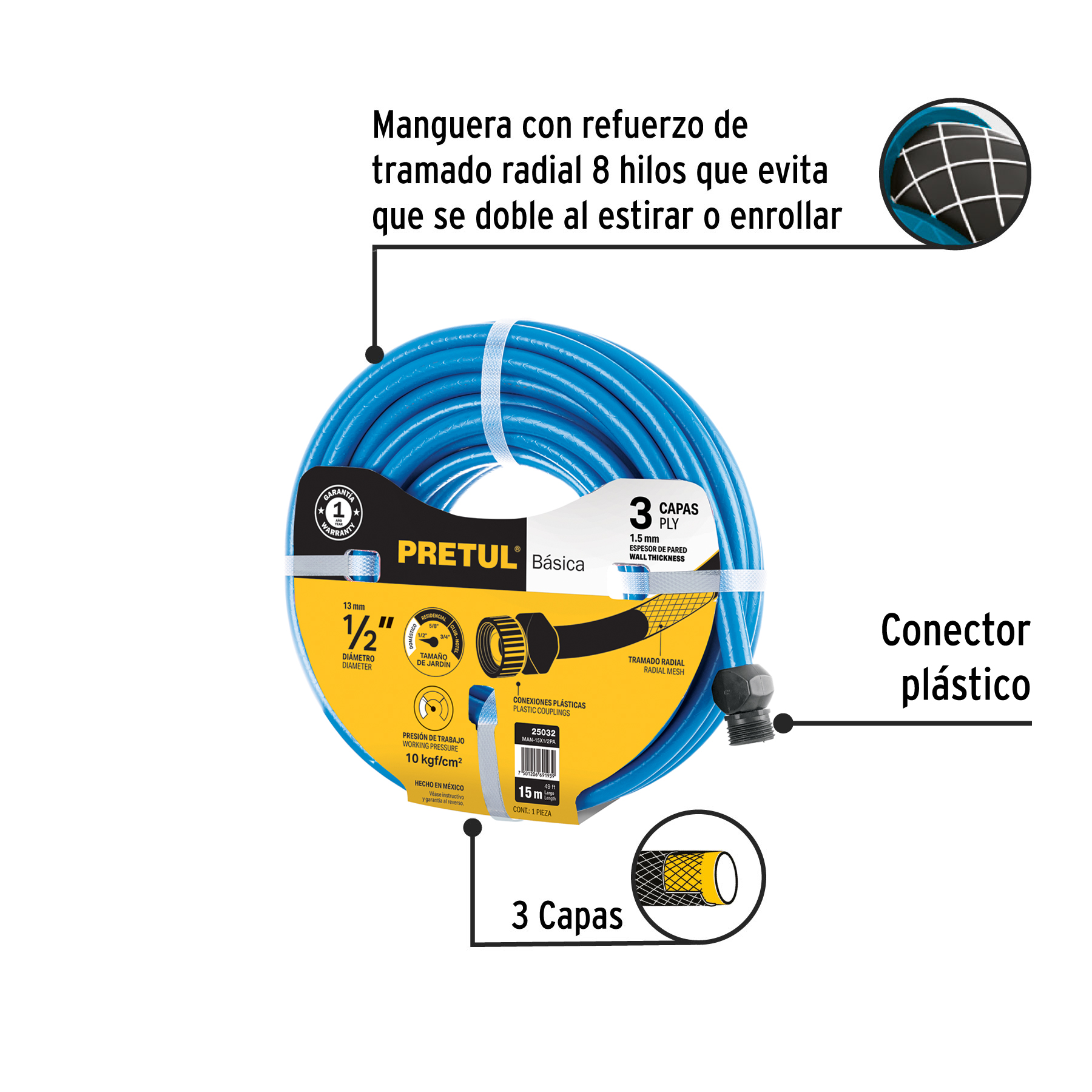 Manguera azul 1/2" 3 capas 15 m conexiones plásticas, PRETUL PRETUL