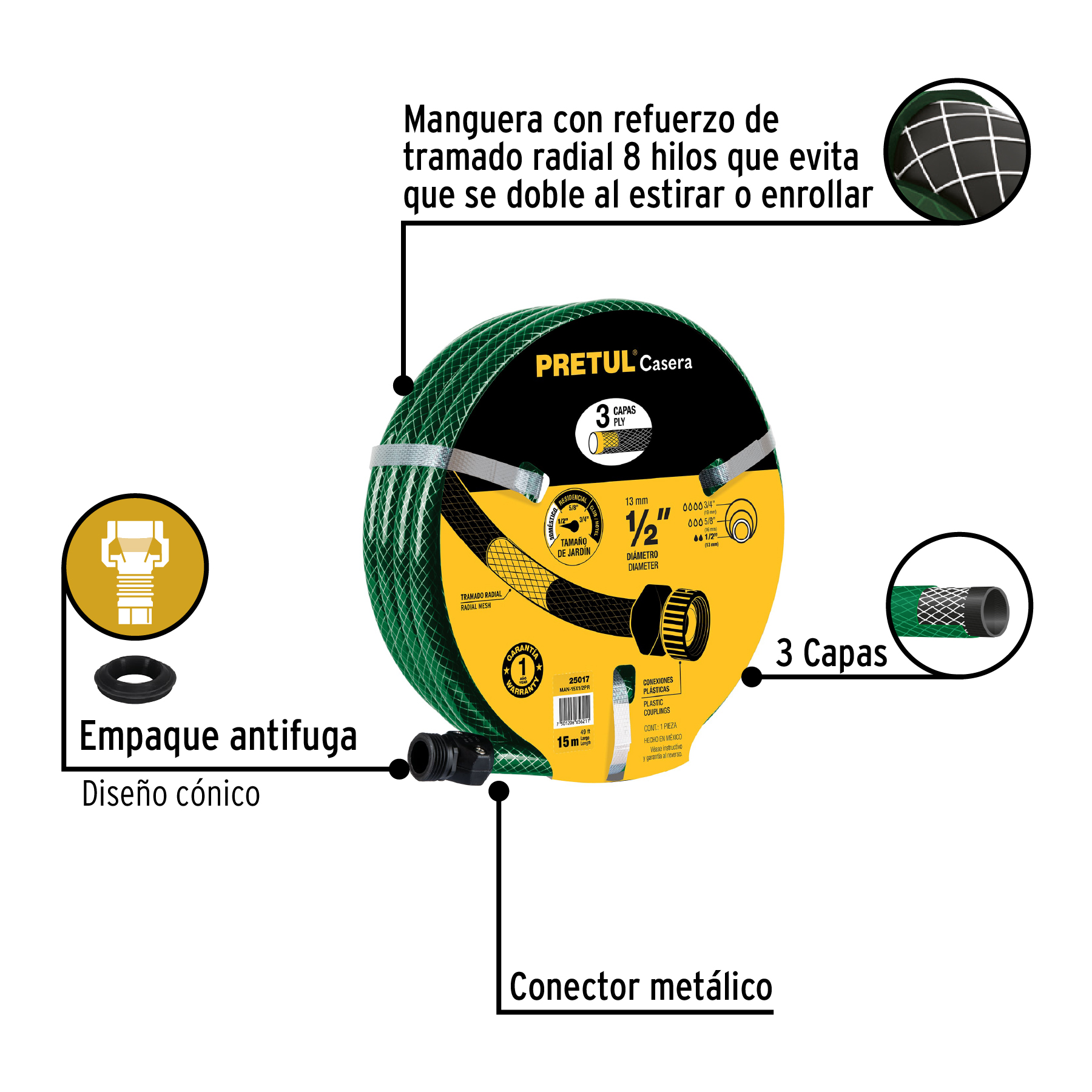 Manguera 1/2" reforzada 3 capas 15m conexiones plást, PRETUL PRETUL