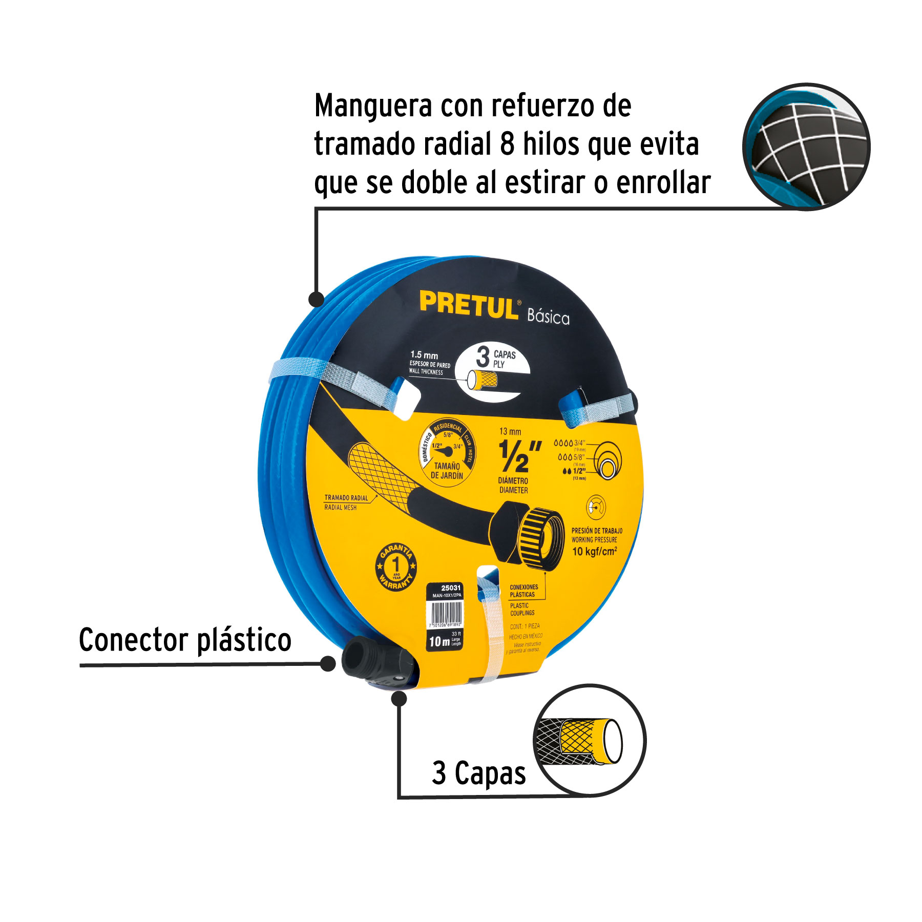 Manguera azul 1/2" 3 capas 10 m conexiones plásticas, PRETUL PRETUL