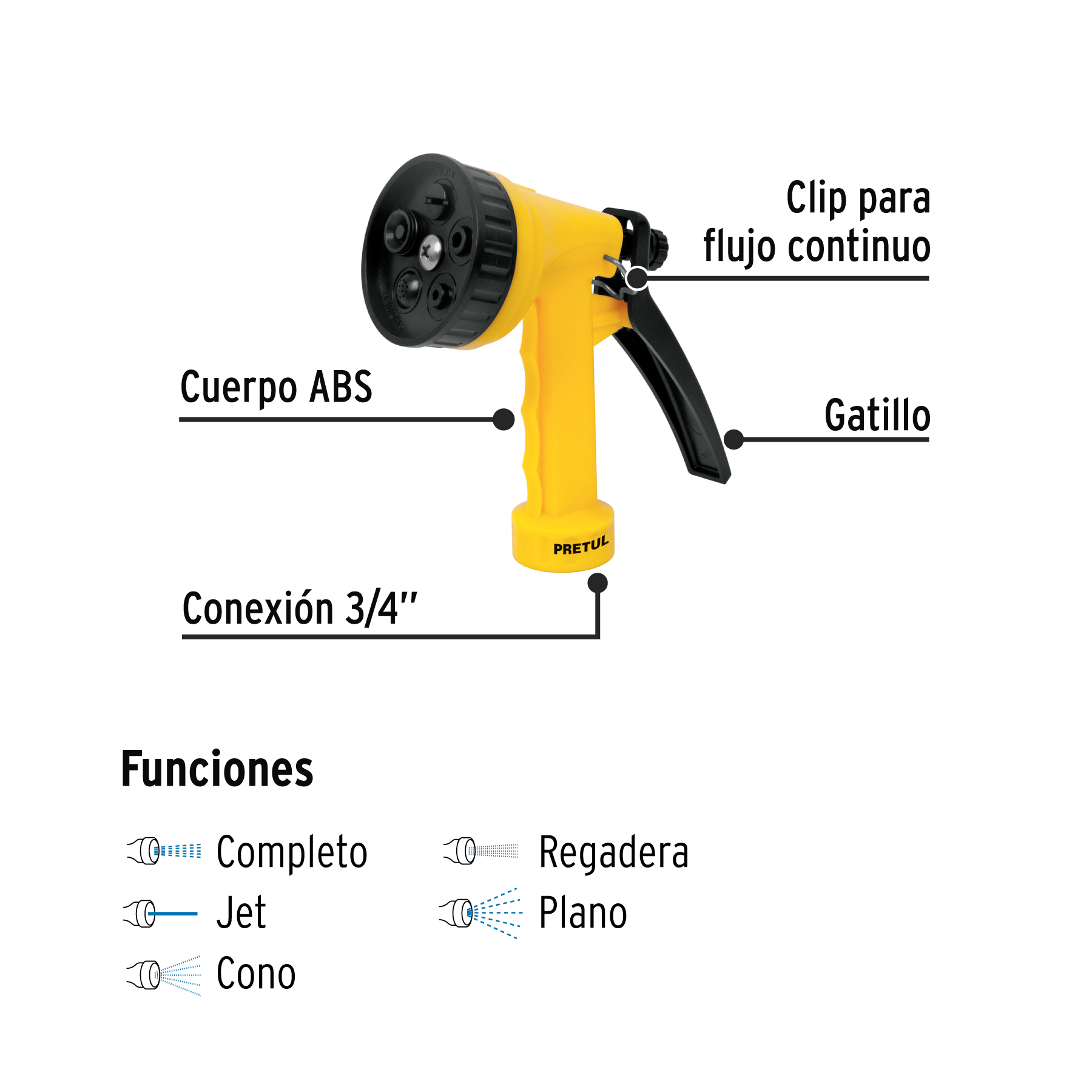 Pistola plástica para riego de 5", 5 funciones, PRETUL PRETUL