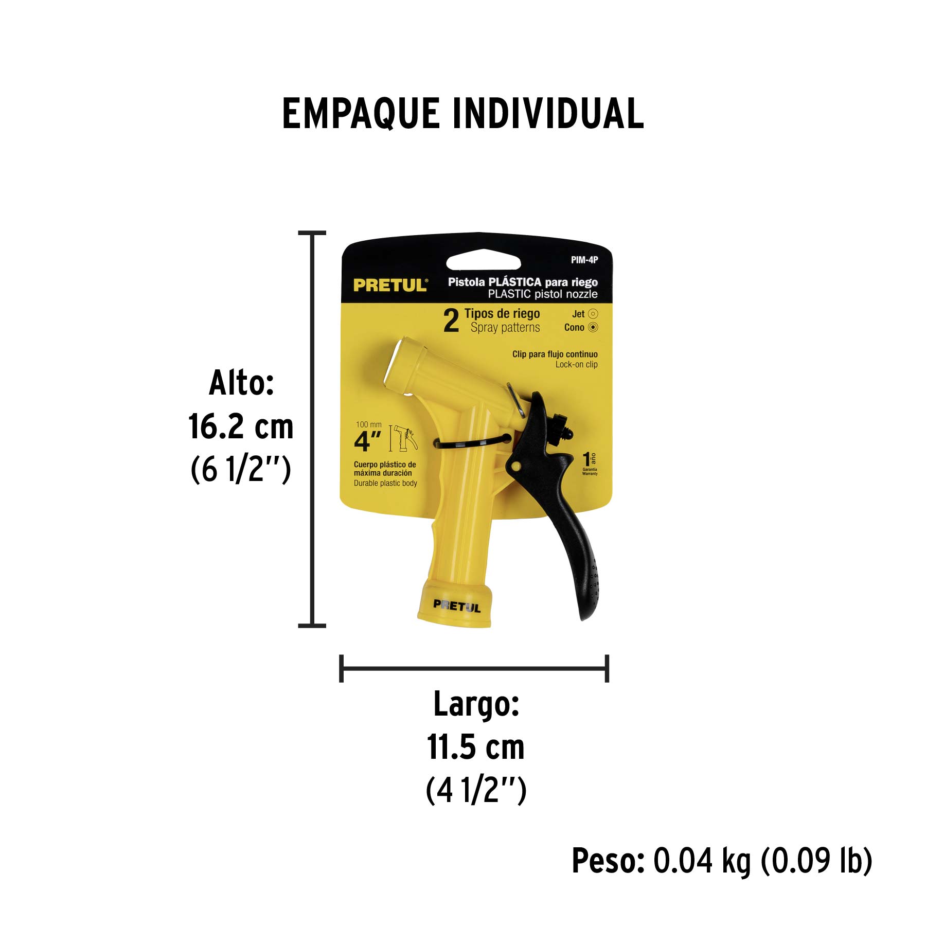 Pistola plástica para riego de 4", 2 funciones, PRETUL PRETUL
