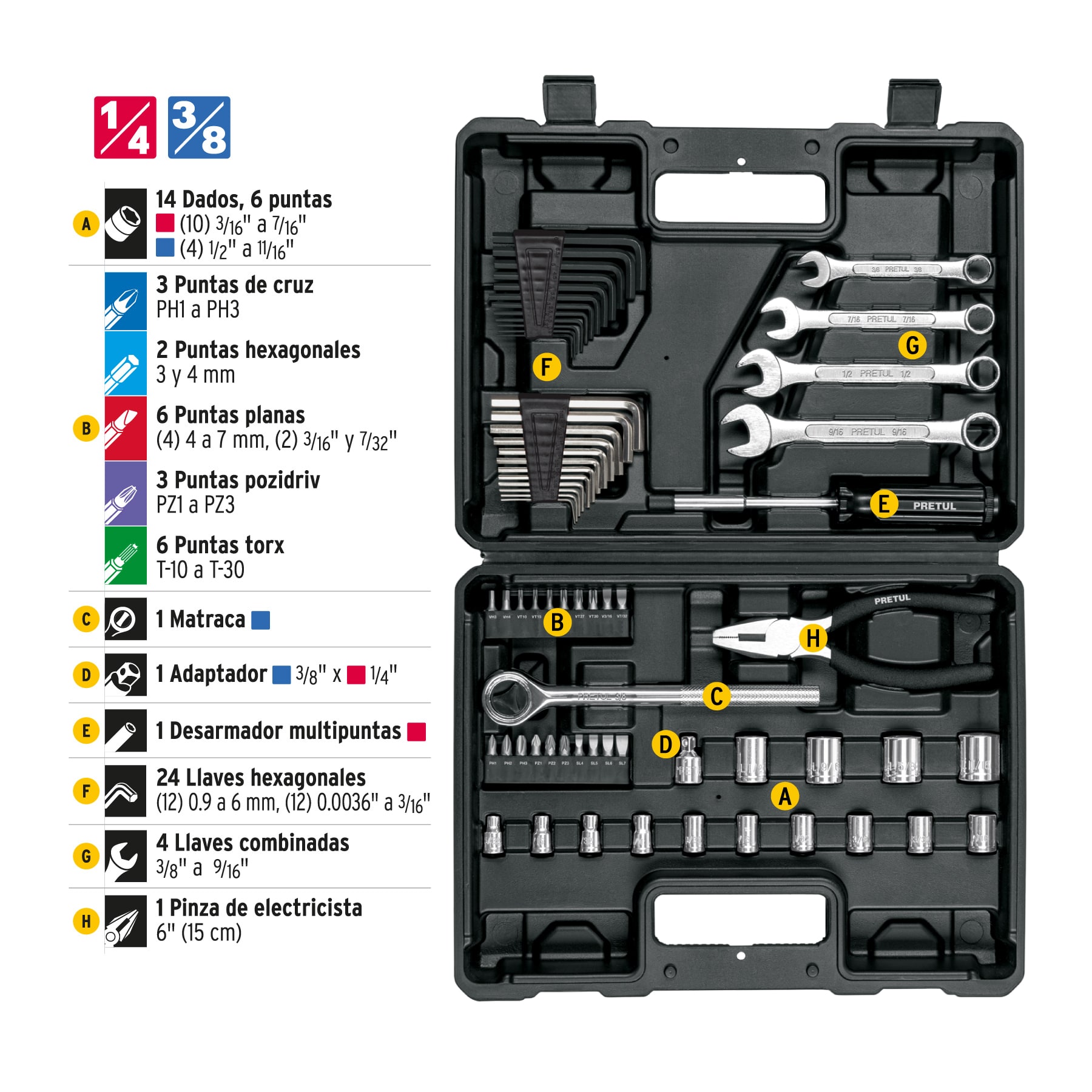 Juego de 66 herramientas 1/4" y 3/8" para mecánico, PRETUL PRETUL
