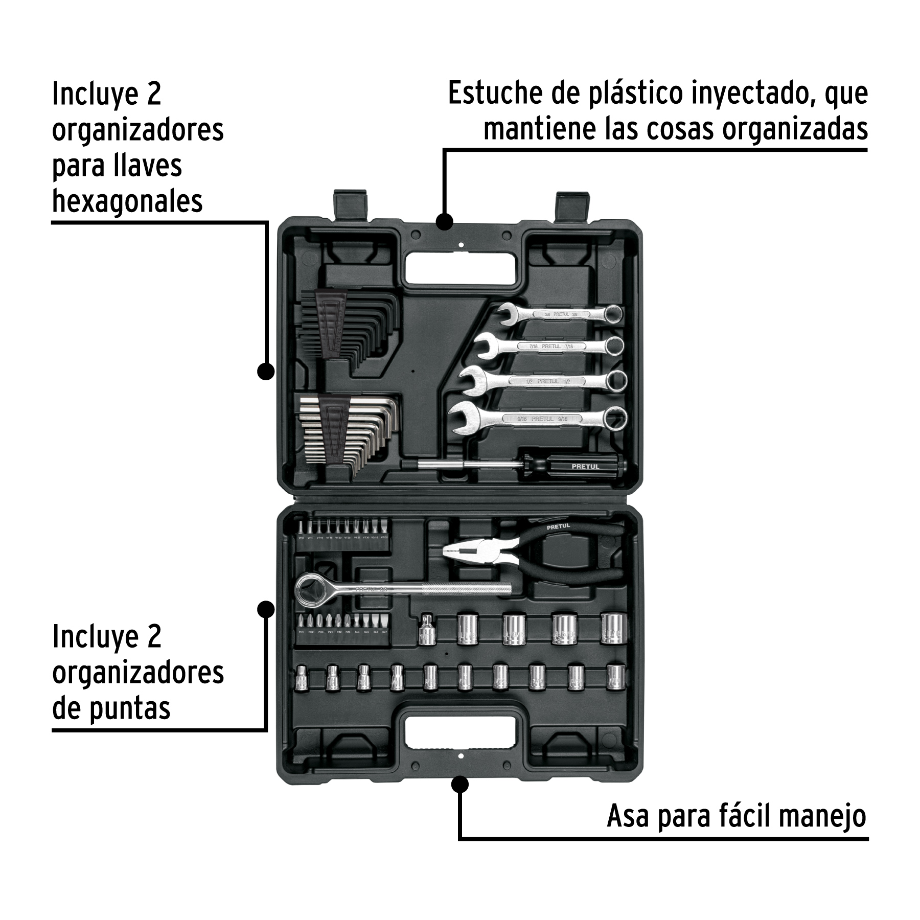 Juego de 66 herramientas 1/4" y 3/8" para mecánico, PRETUL PRETUL