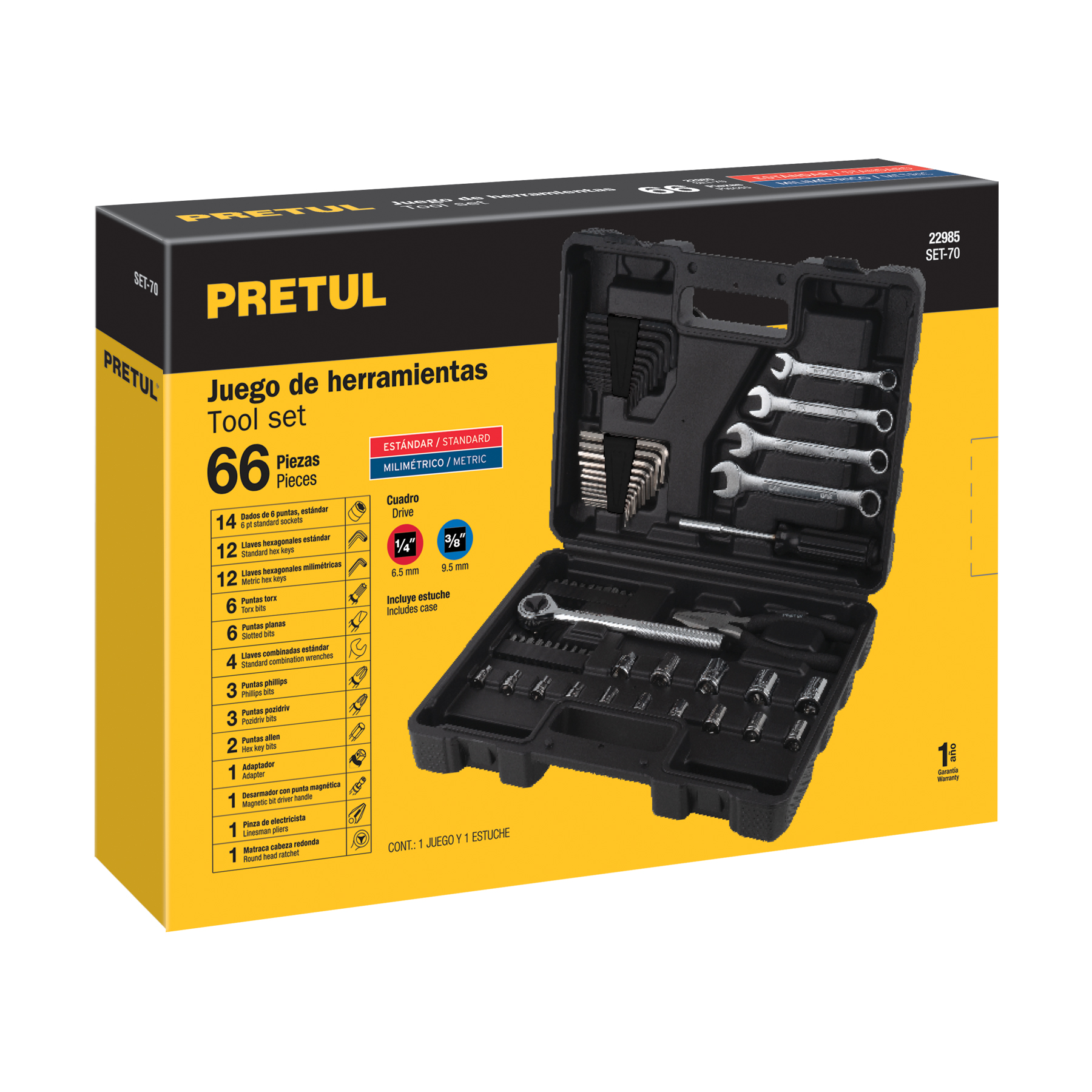 Juego de 66 herramientas 1/4" y 3/8" para mecánico, PRETUL PRETUL