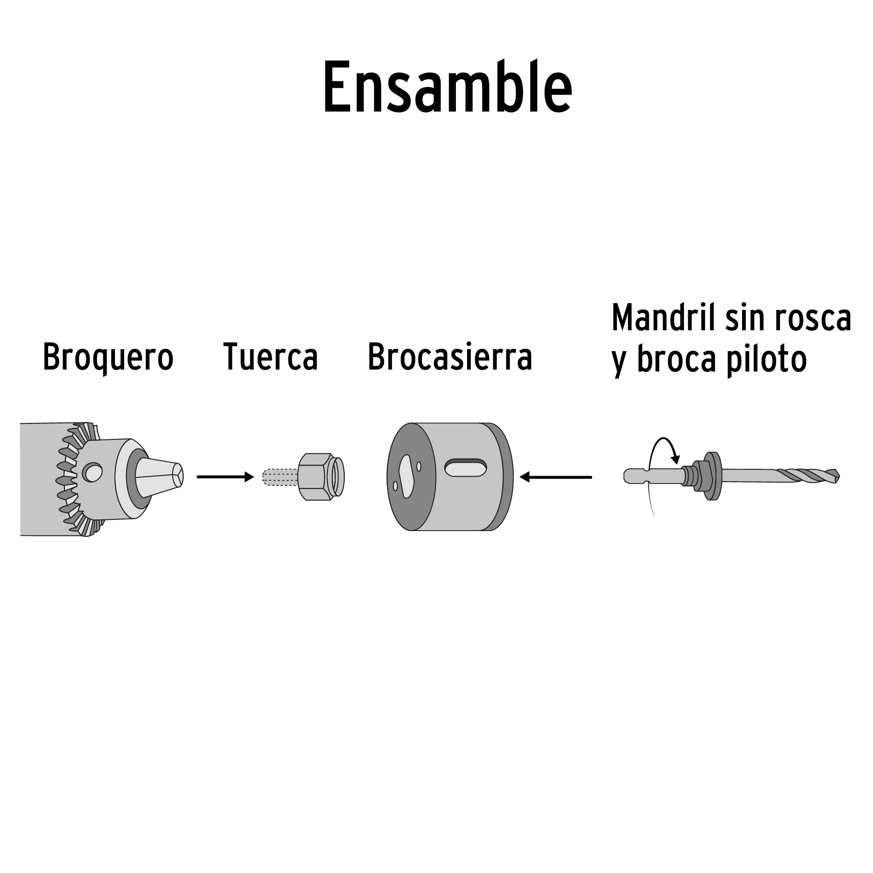 Juego de 4 brocasierras acero al carbono y 1 mandril, PRETUL PRETUL