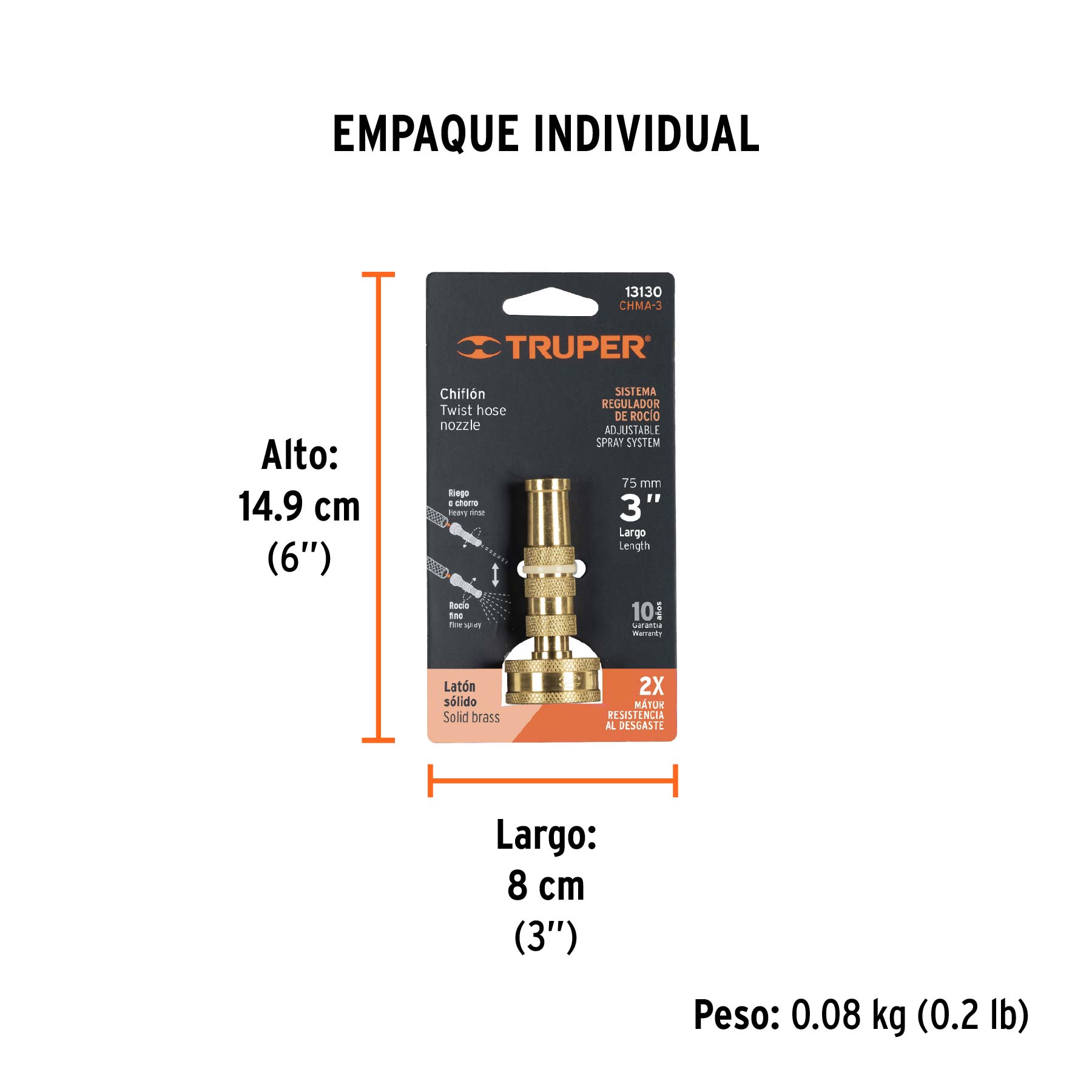 Chiflón 3" de latón maquinado para manguera, TRUPER TRUPER