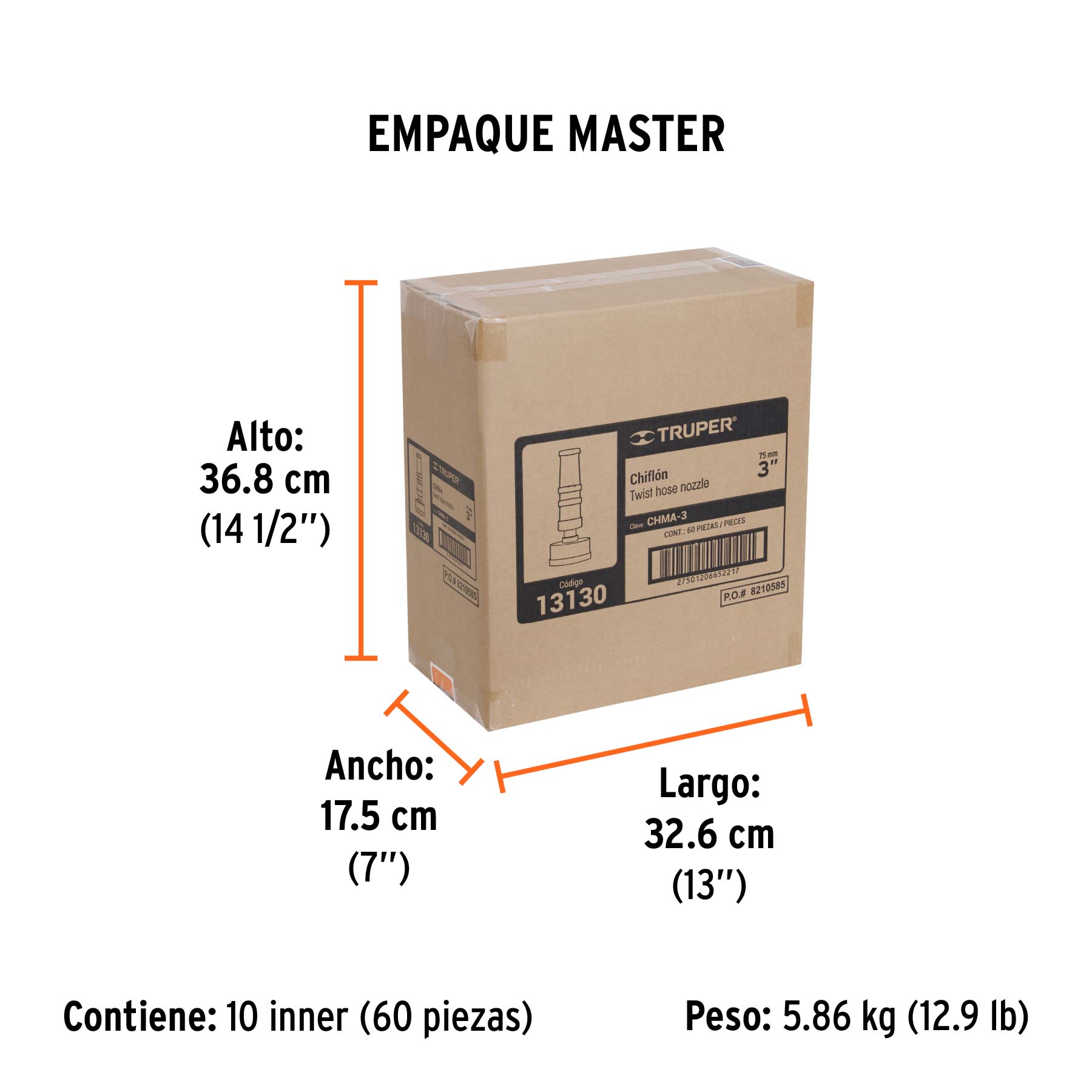 Chiflón 3" de latón maquinado para manguera, TRUPER TRUPER