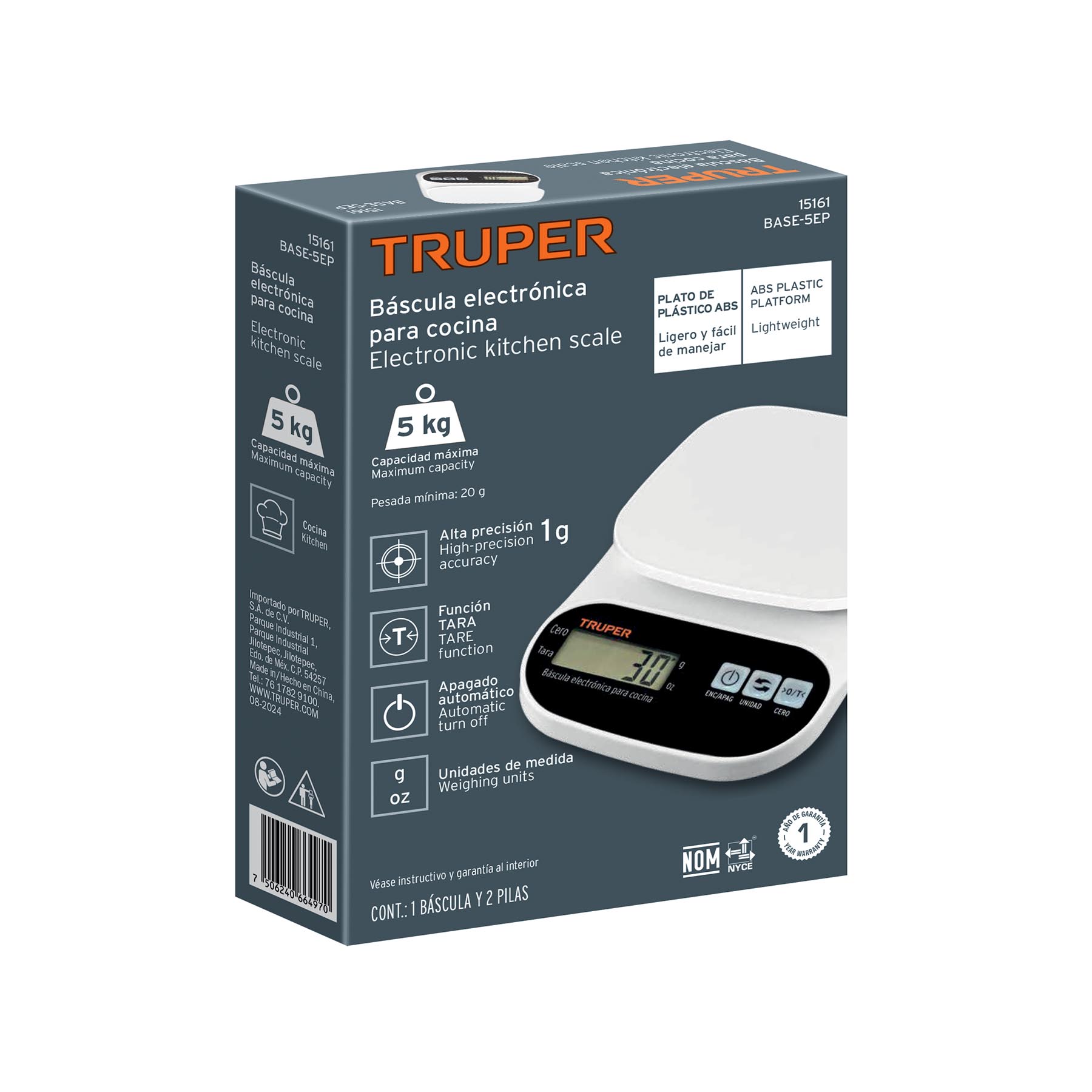 Báscula digital para cocina, plato de ABS, 5 kg, TRUPER TRUPER