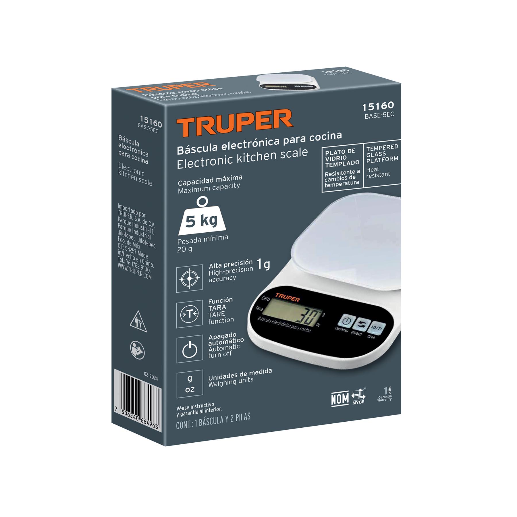 Báscula digital para cocina, plato de vidrio, 5 kg, TRUPER TRUPER