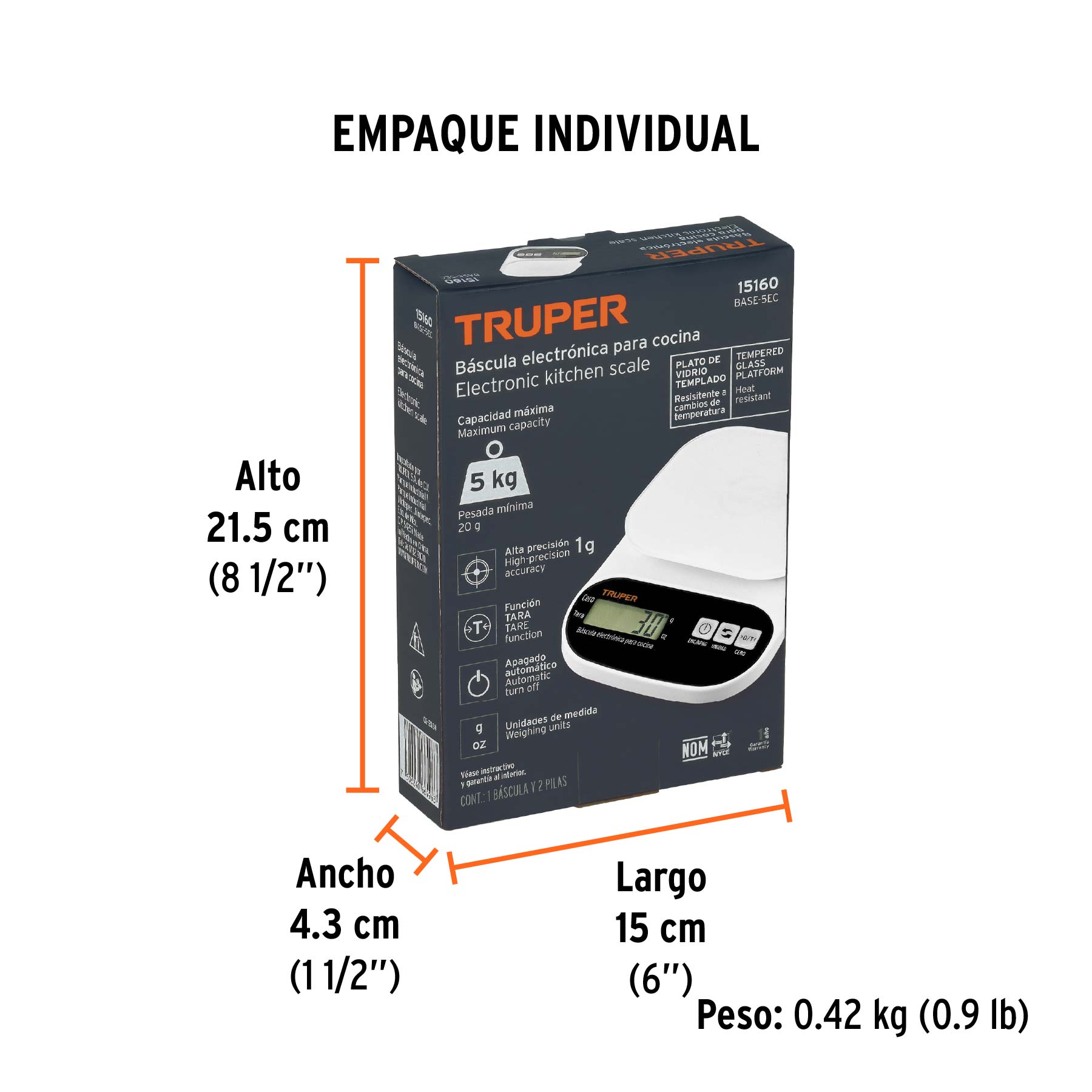 Báscula digital para cocina, plato de vidrio, 5 kg, TRUPER TRUPER
