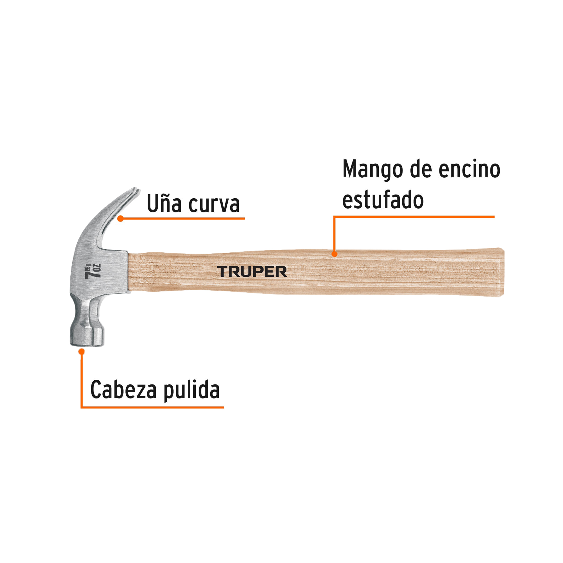 Martillo pulido, 7 oz, uña curva, mango madera, TRUPER TRUPER