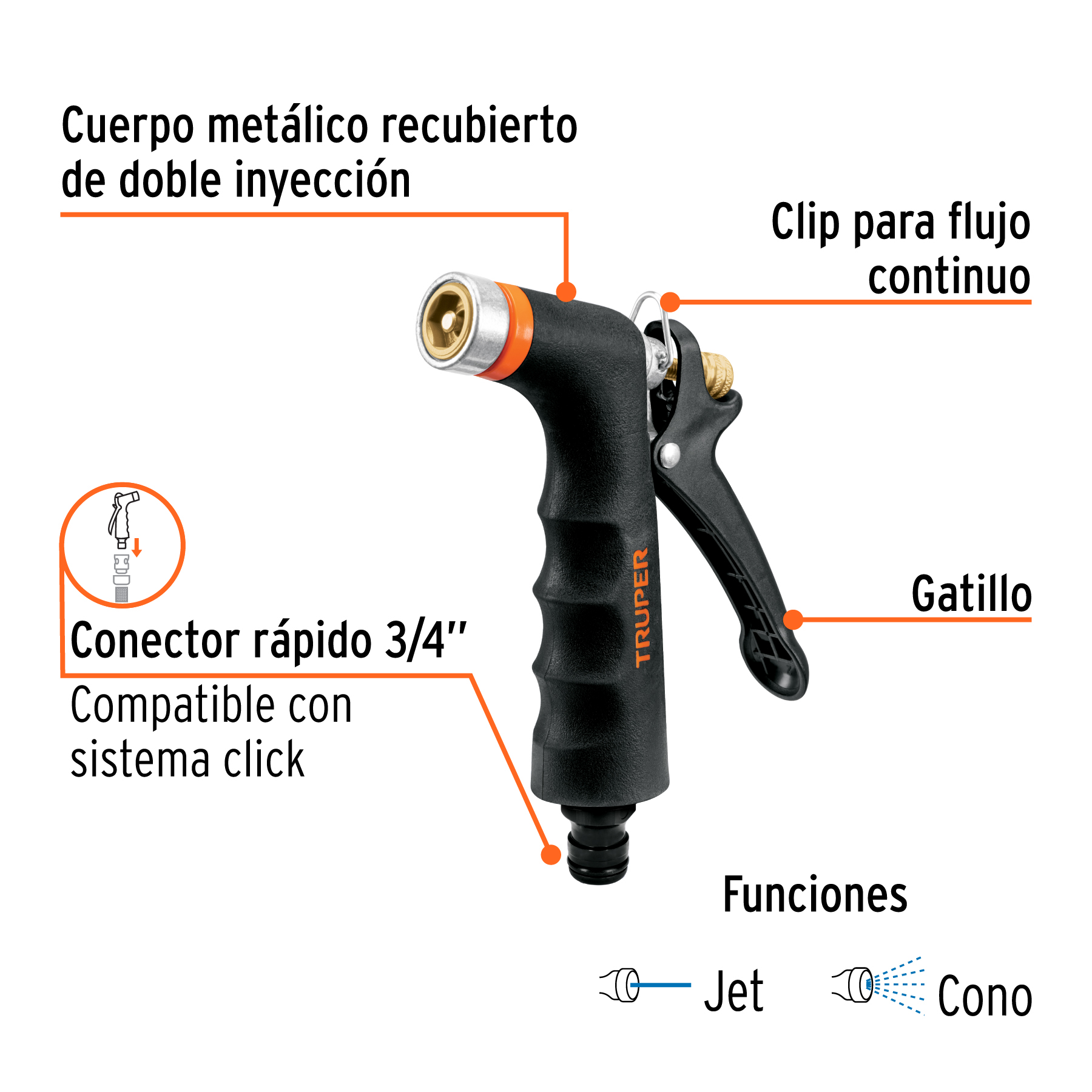 Pistola para riego de 2 funciones metálica con recubrimiento TRUPER