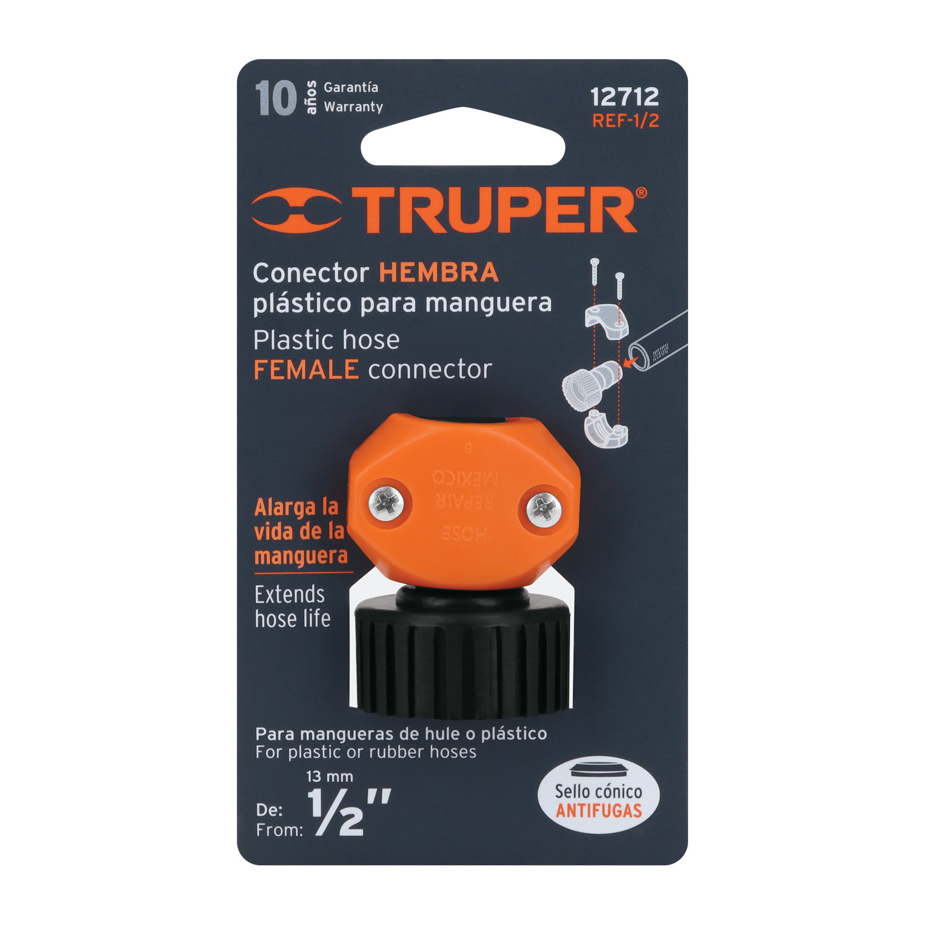 Conector 1/2" hembra de ABS para manguera, TRUPER TRUPER