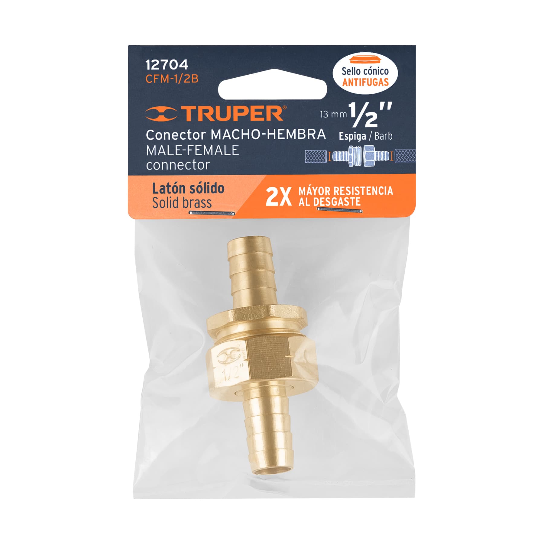 Conectores 1/2" macho y hembra de latón sólido para manguera TRUPER