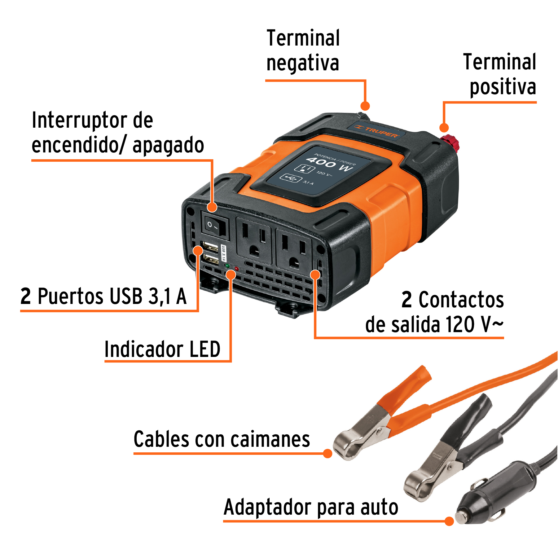Inversor de corriente de 400 W con puertos USB, TRUPER TRUPER