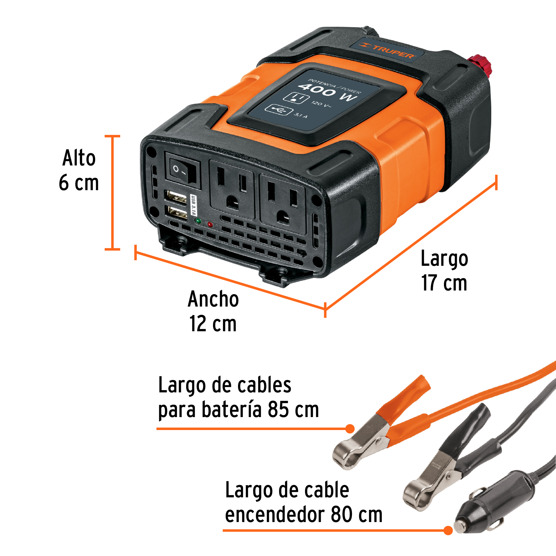 Inversor de corriente de 400 W con puertos USB, TRUPER TRUPER