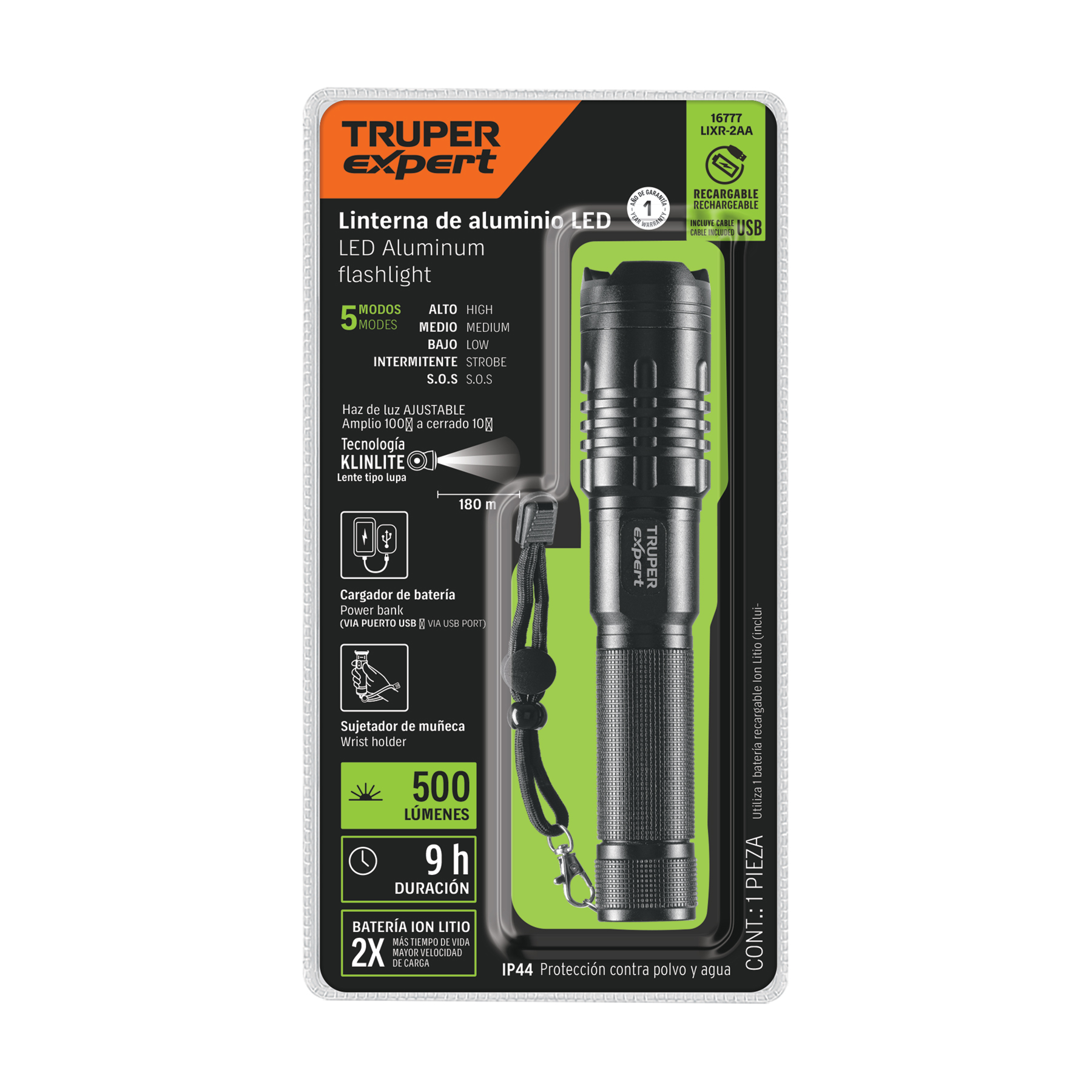 Linterna LED recargable, de aluminio, 500 lm, TRUPER EXPERT TRUPER