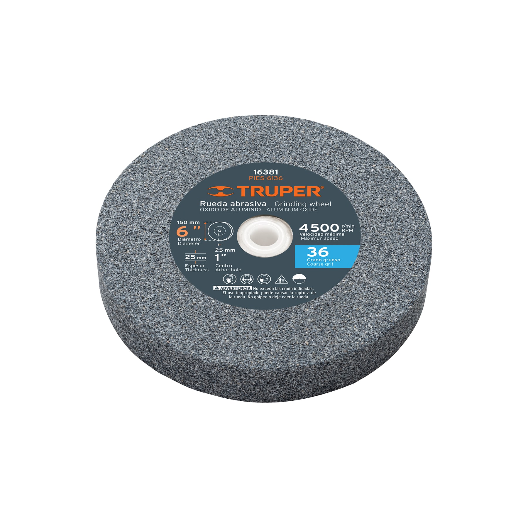 Rueda abrasiva p/esmeril 6"x25mm, óxido aluminio, grano 36 TRUPER