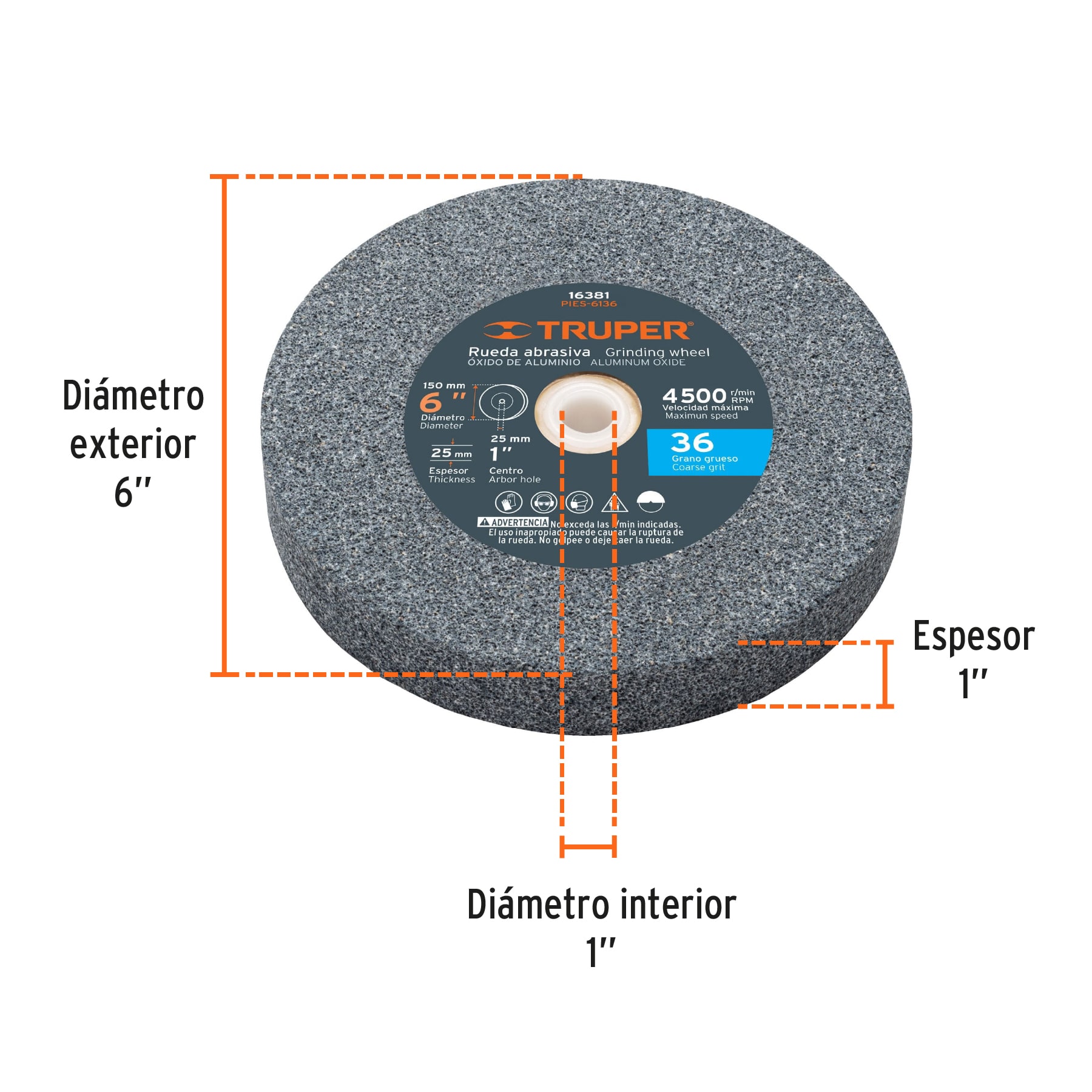Rueda abrasiva p/esmeril 6"x25mm, óxido aluminio, grano 36 TRUPER