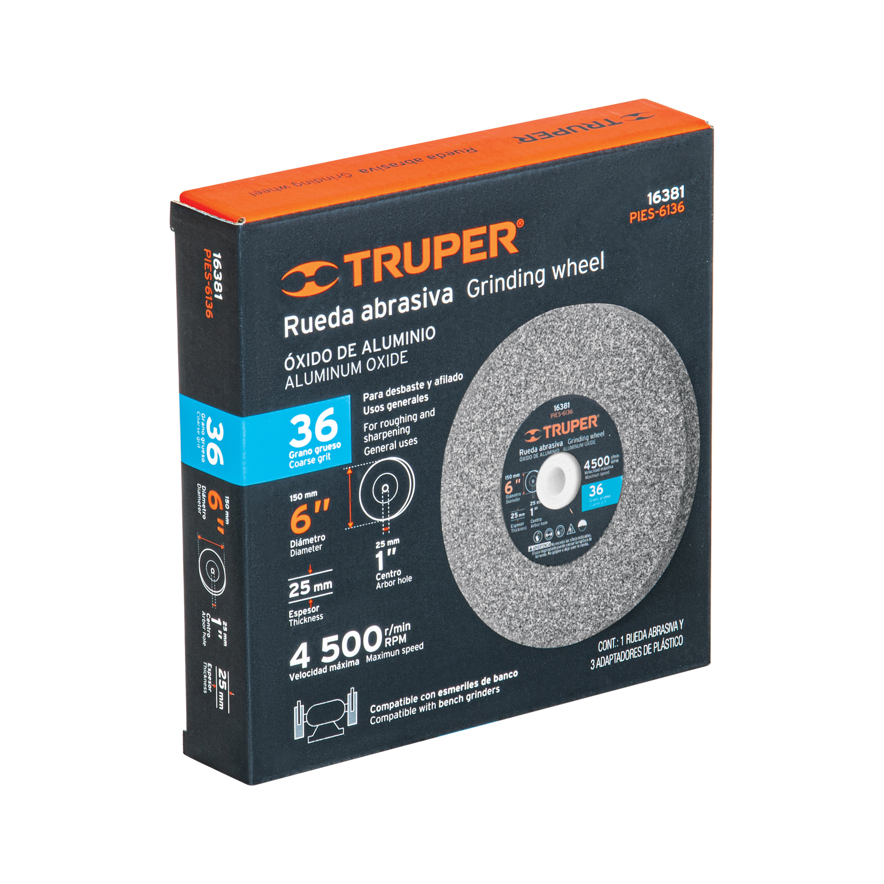 Rueda abrasiva p/esmeril 6"x25mm, óxido aluminio, grano 36 TRUPER