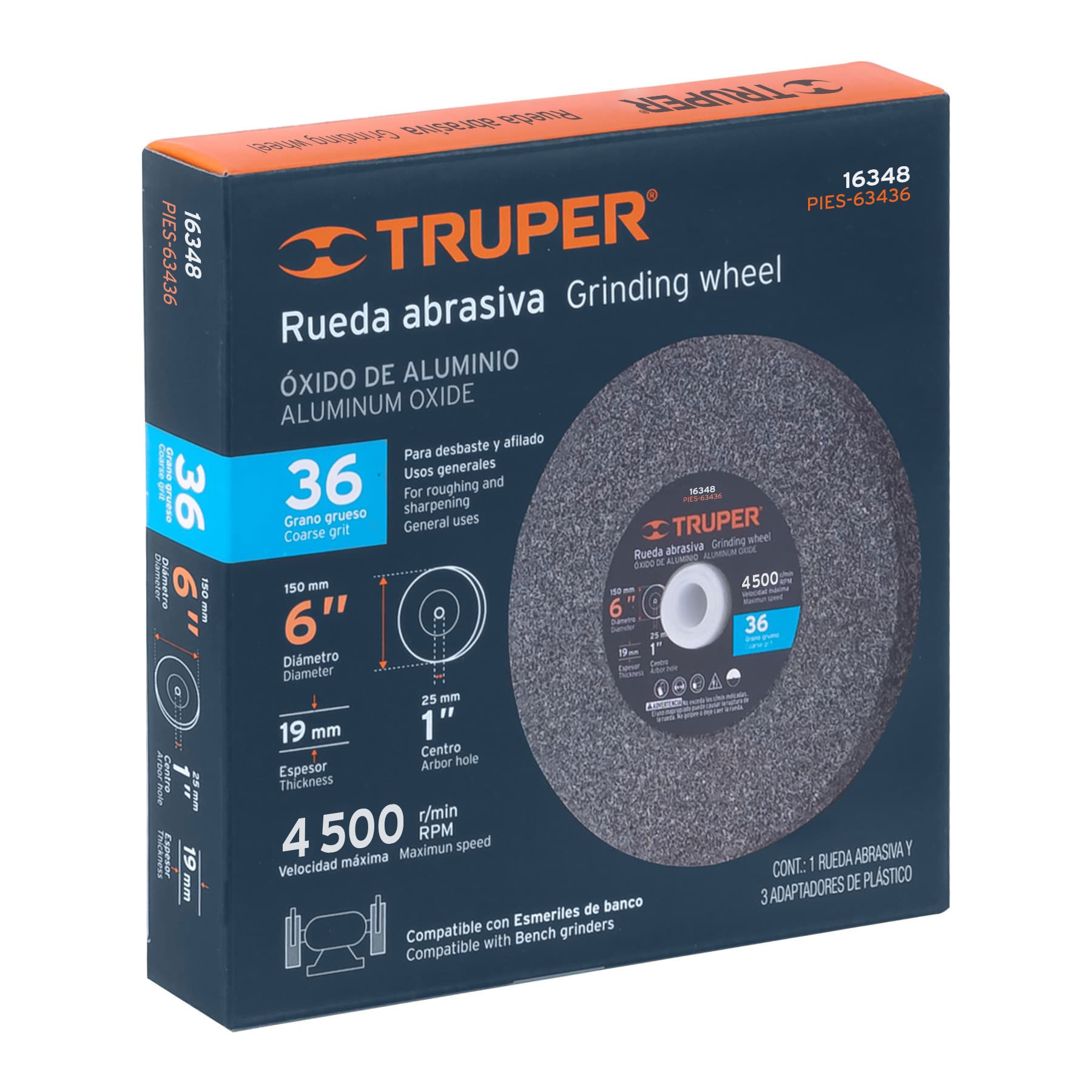 Rueda abrasiva p/esmeril 6"x19mm, óxido aluminio, grano 36 TRUPER
