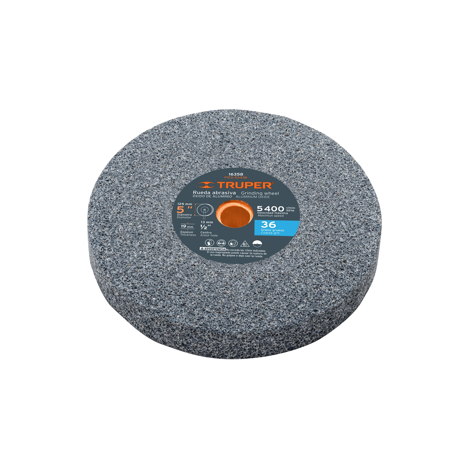 Rueda abrasiva p/esmeril 5"x19mm, óxido aluminio, grano 36 TRUPER