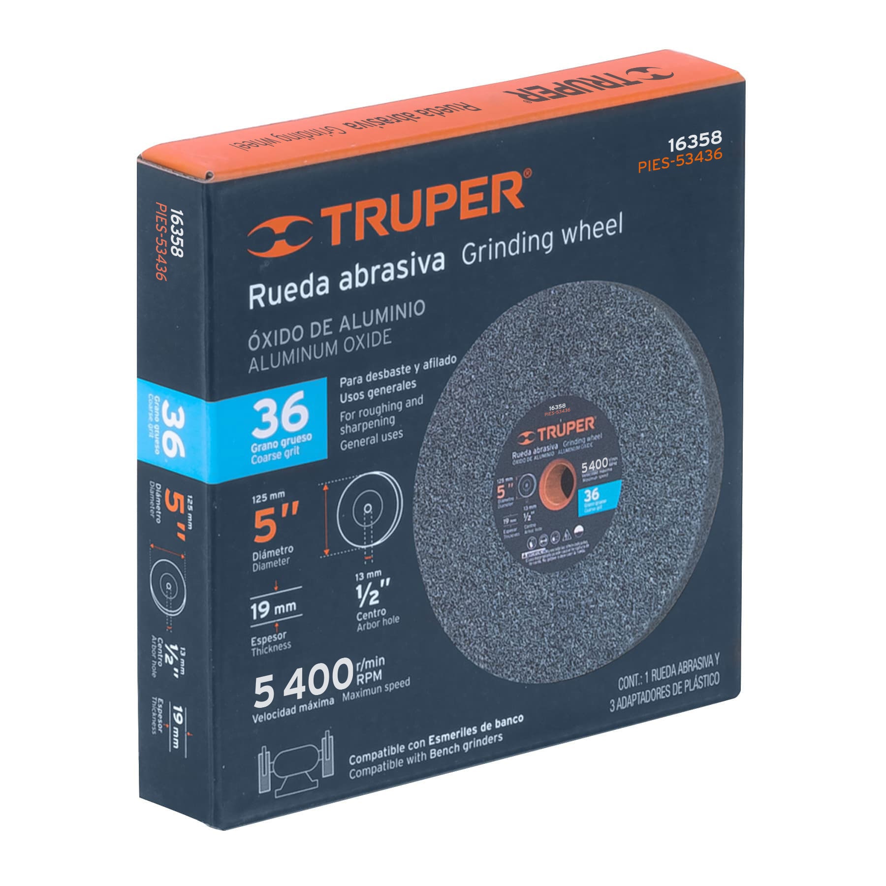 Rueda abrasiva p/esmeril 5"x19mm, óxido aluminio, grano 36 TRUPER