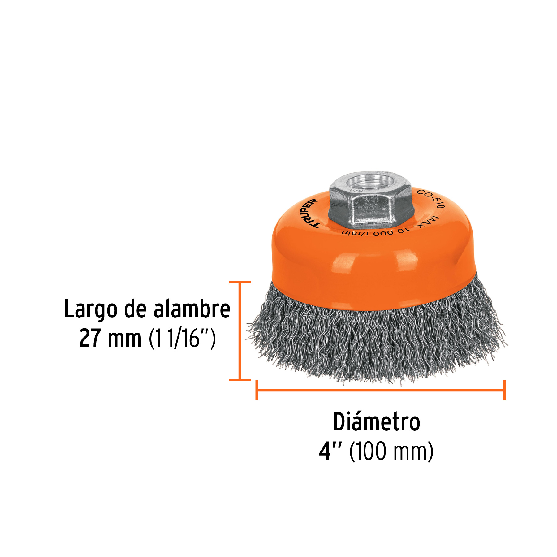 Carda copa 4" alambre ondulado fino, eje 5/8"-11, TRUPER TRUPER