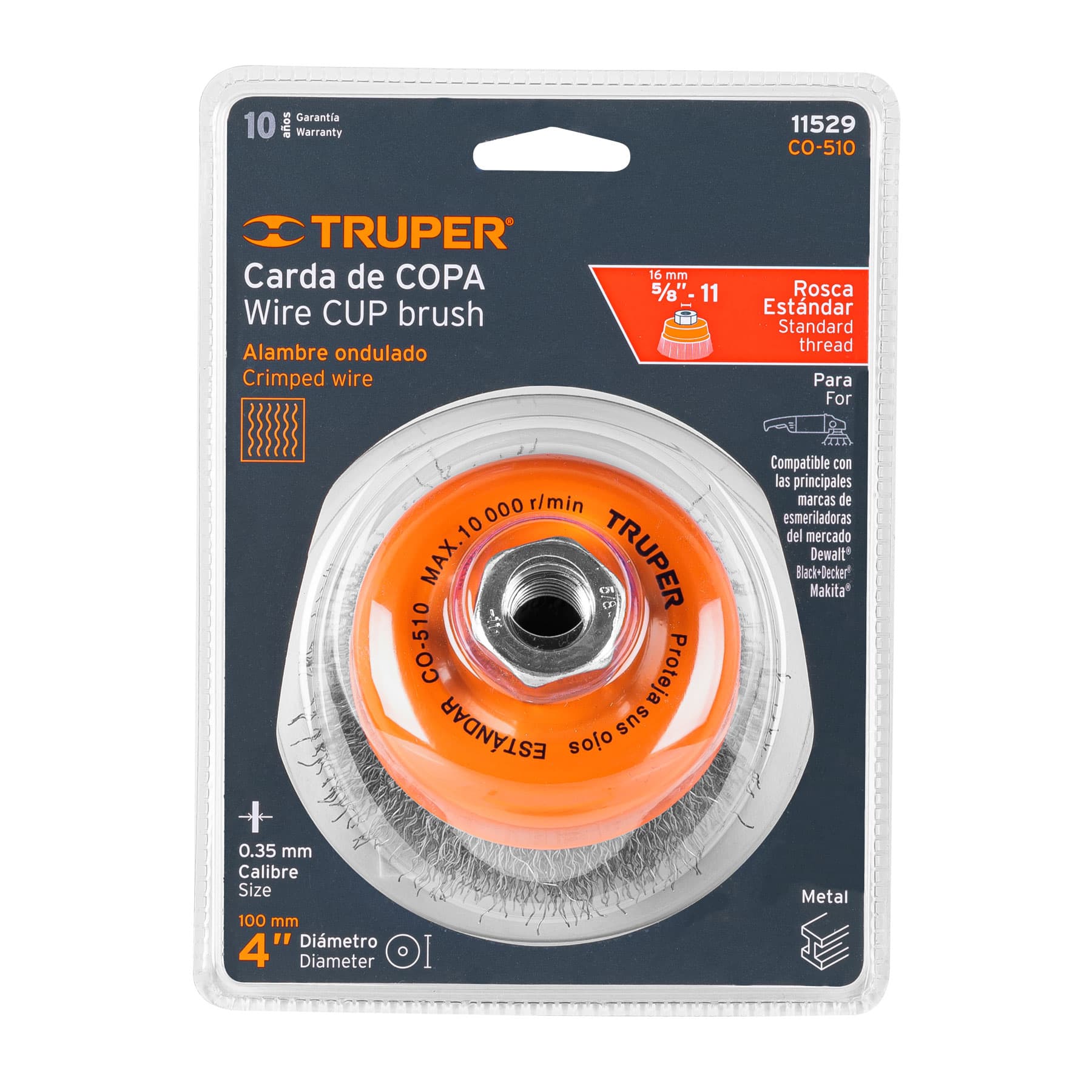 Carda copa 4" alambre ondulado fino, eje 5/8"-11, TRUPER TRUPER