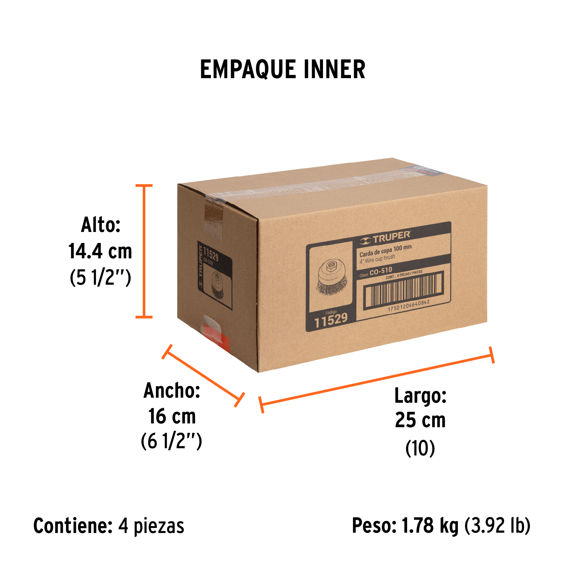Carda copa 4" alambre ondulado fino, eje 5/8"-11, TRUPER TRUPER