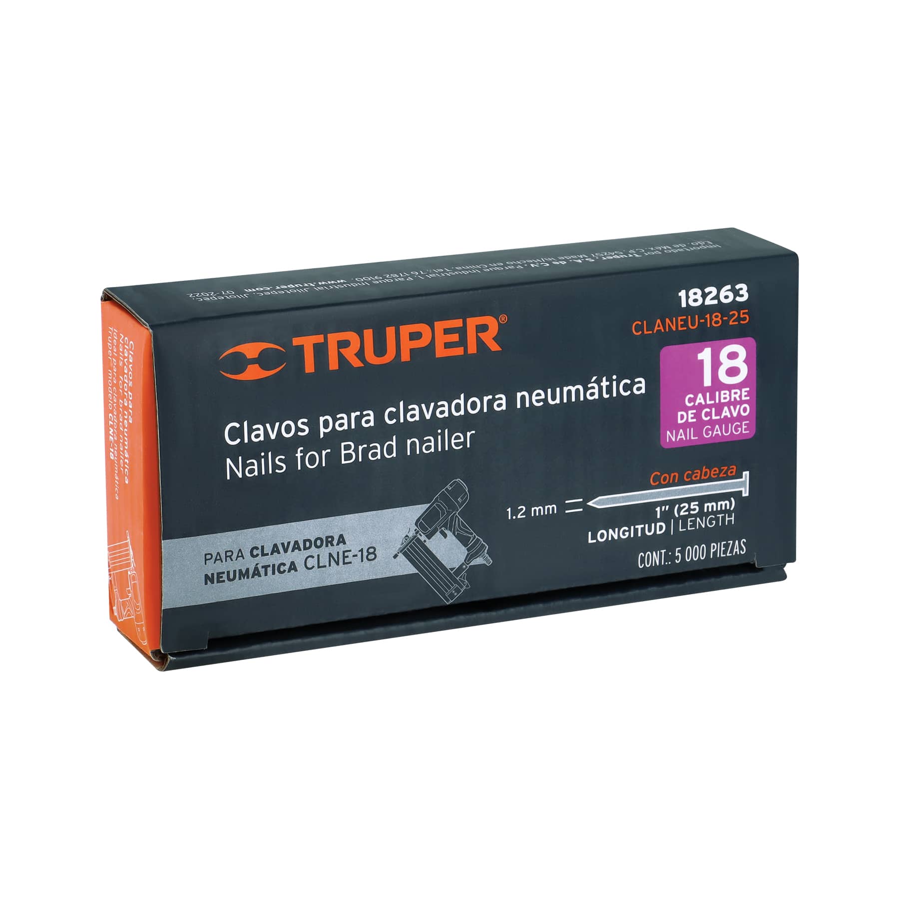 Caja con 5000 clavos calibre 18, 25 mm para CLNE-18, TRUPER TRUPER