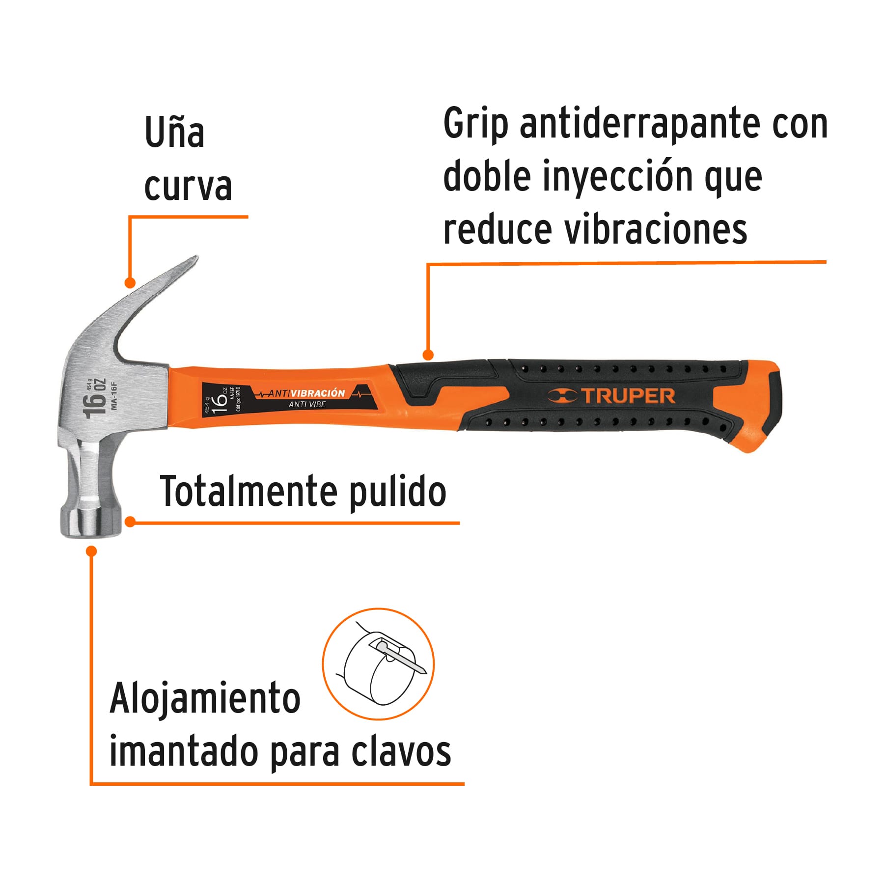 Martillo 16 oz uña curva, mango fibra de vidrio, TRUPER TRUPER