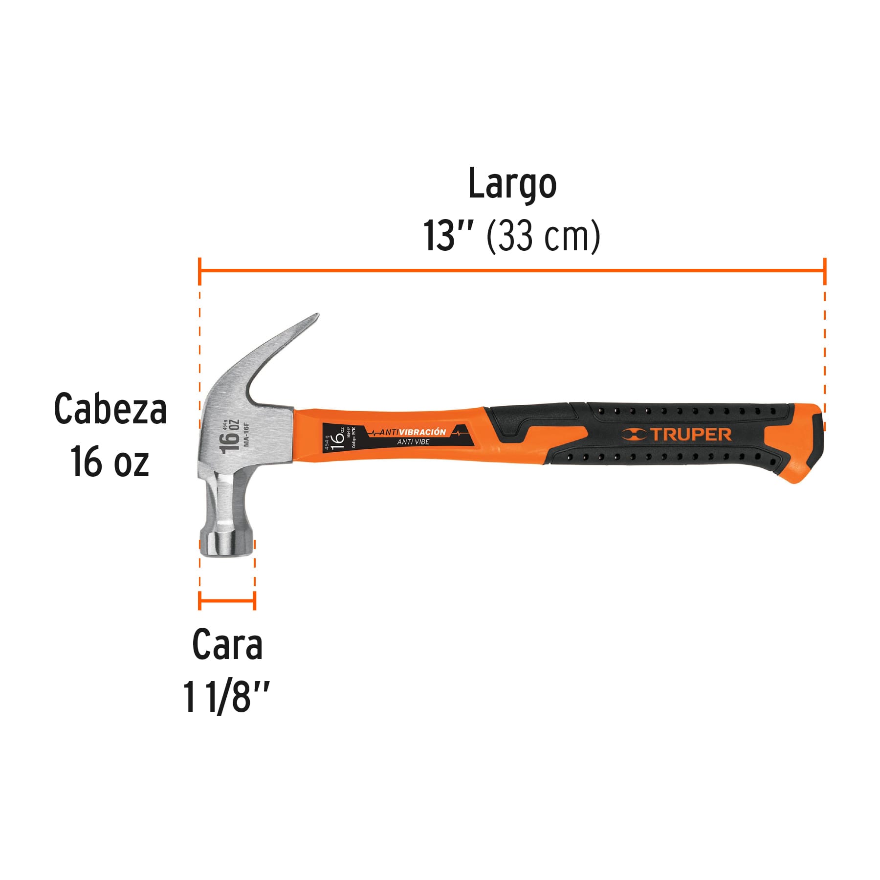 Martillo 16 oz uña curva, mango fibra de vidrio, TRUPER TRUPER