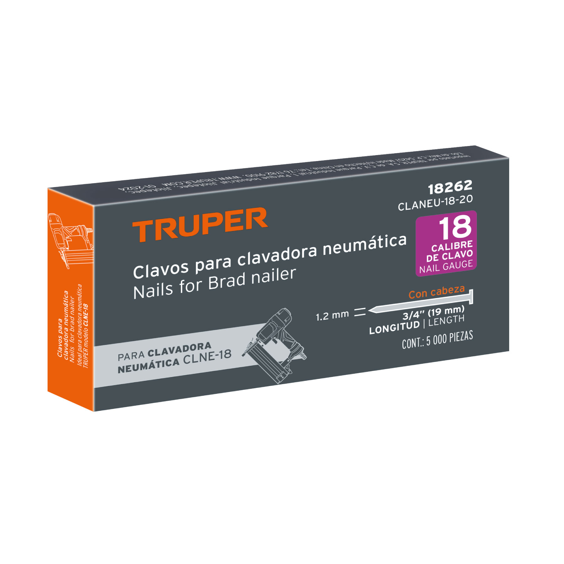 Caja con 5000 clavos calibre 18, 20 mm para CLNE-18, TRUPER TRUPER