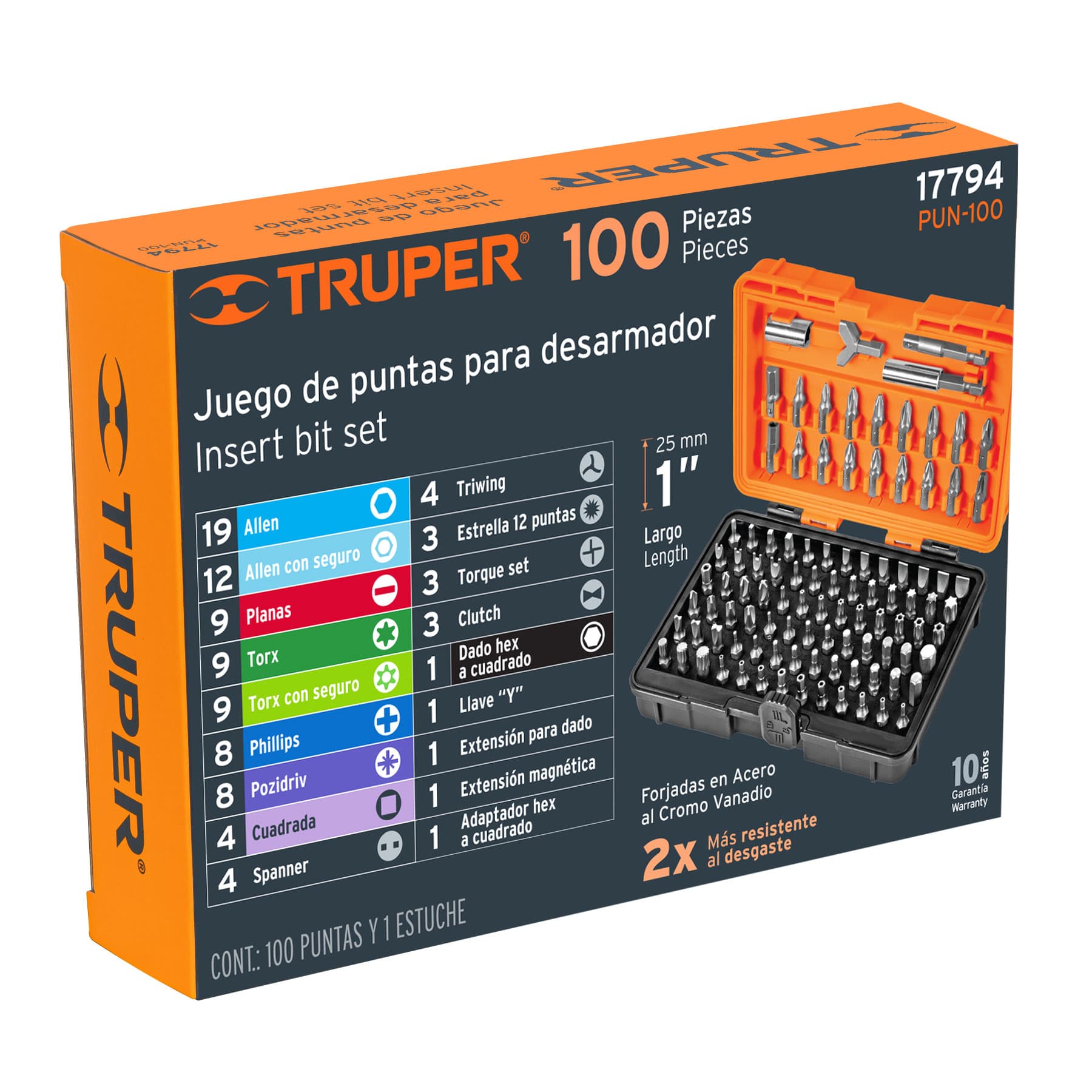 Juego de 100 puntas mixtas largo 1" en estuche plástico TRUPER